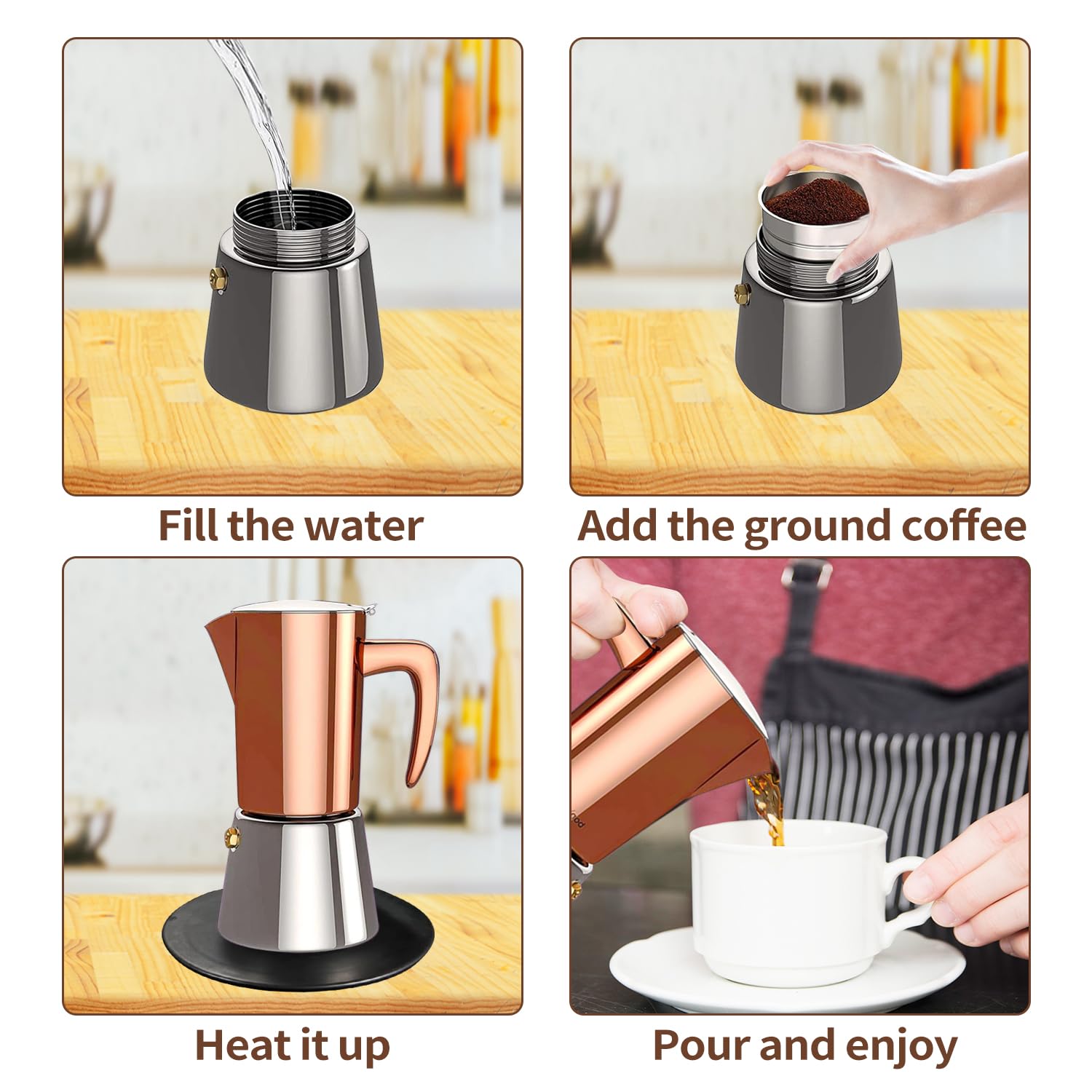 Cafetera italiana para café expreso, cafetera espresso de acero inoxidable para camping o uso doméstico, olla Moka de inducción, 6 tazas (10 onzas/300 ml), color marrón