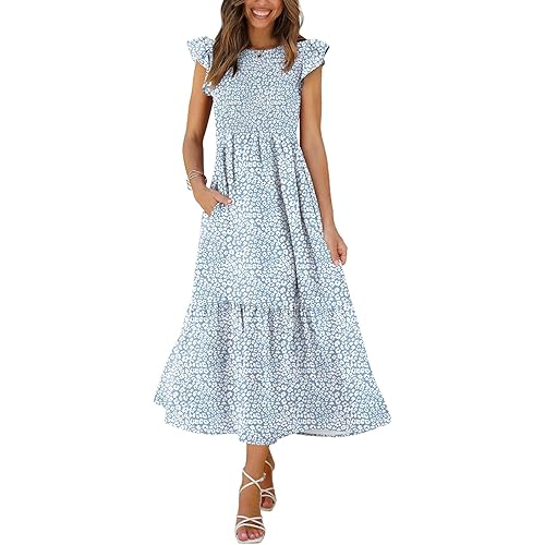 OFEEFAN Women's Casual Maxi Dresses with Pockets Ruffle Sleeve Smocked Dress XS-2XL