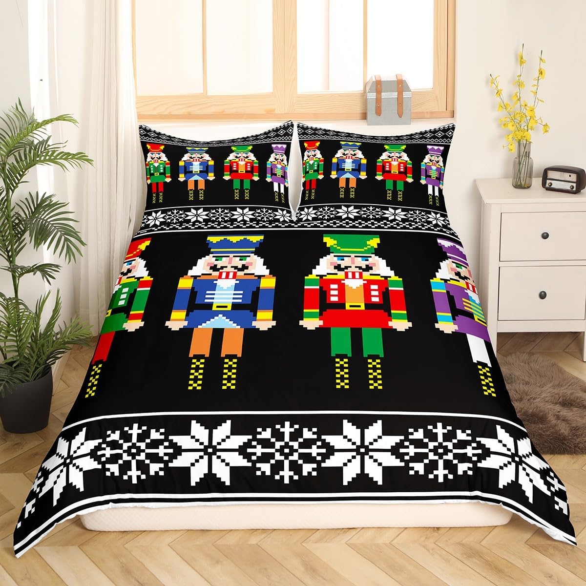 Erosebridal Nutcracker Duvet Cover Queen Size, Retro Xmas Bedding Set for Kids Boys
