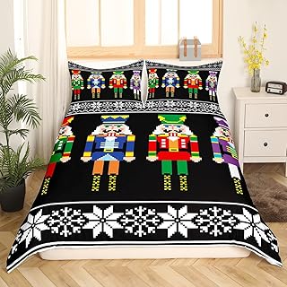 Erosebridal Nutcracker Duvet Cover Queen Size, Retro Xmas Bedding Set for Kids Boys, Colorful Scandinavian Christmas Snowflakes Comforter Cover, Black White Bedroom Decor Winter Quilt Cover