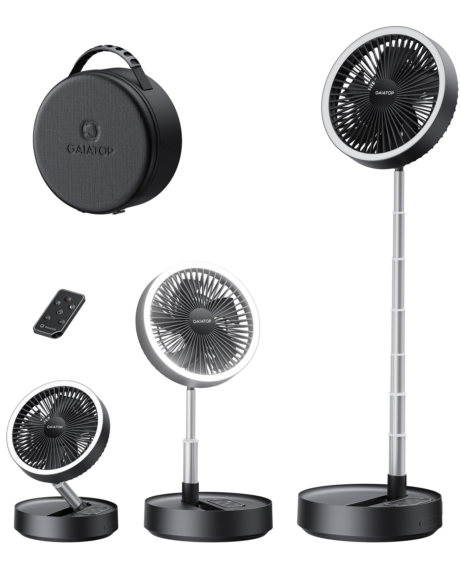 Gaiatop Portable Pedestal Fan 16000mAh Battery [Max 74h Runtime], Foldable Oscillating Standing Fan, Collapsible Desk Fans, LED Light, Case & Remote Control, 4 Speeds for Outdoor Travel Camping OfficeGlobal Recycled StandardGlobal Recycled StandardGlobal Recycled Standard