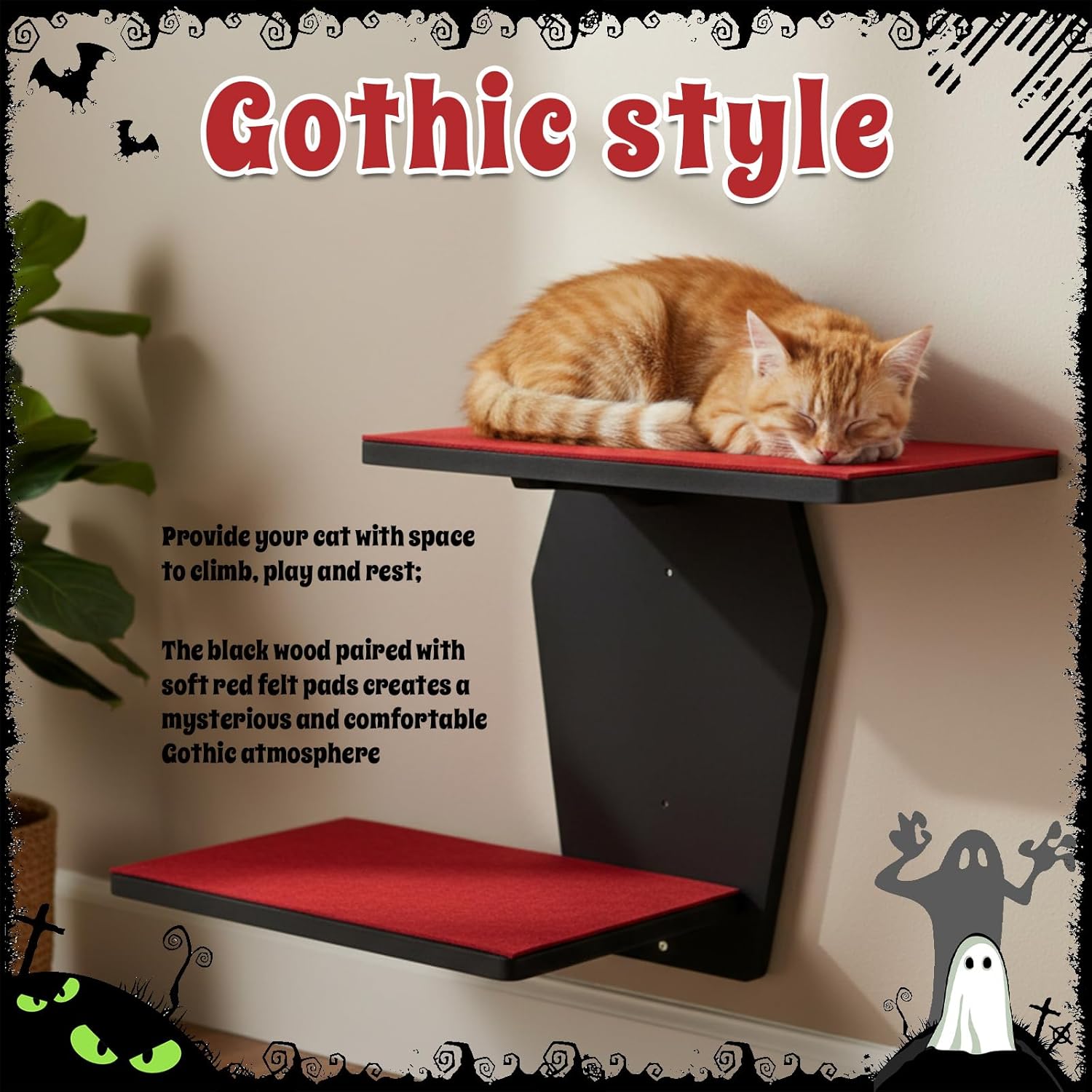 Sintuff Gothic Wall Cat Shelves Wall-Mounted 2 Platform Wall Climbing Steps Furniture Goth Floating Coffin Cat Bed Tree Space-Saving Perch Ladder for Playing Nap Indoor Gothic