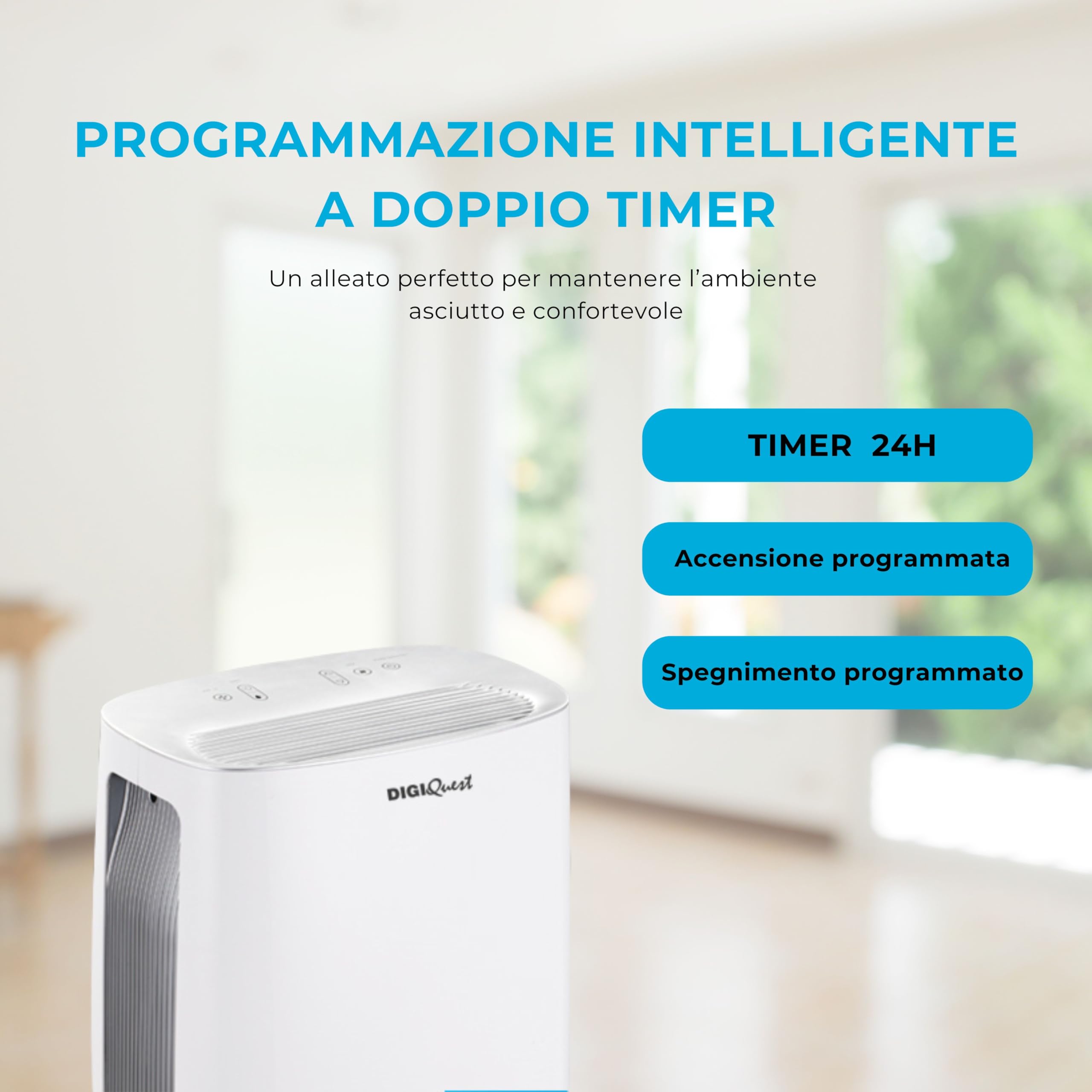 DIGIQUEST Przenośny osuszacz powietrza DEUMì16-16L/24h | Zapobiega pleśni i kondensacji w każdym sezonie | Blokada dla dzieci | Zbiornik 3,7 l | 2 prędkości | 24 h timer | R290 | Ciągły drenaż i koła