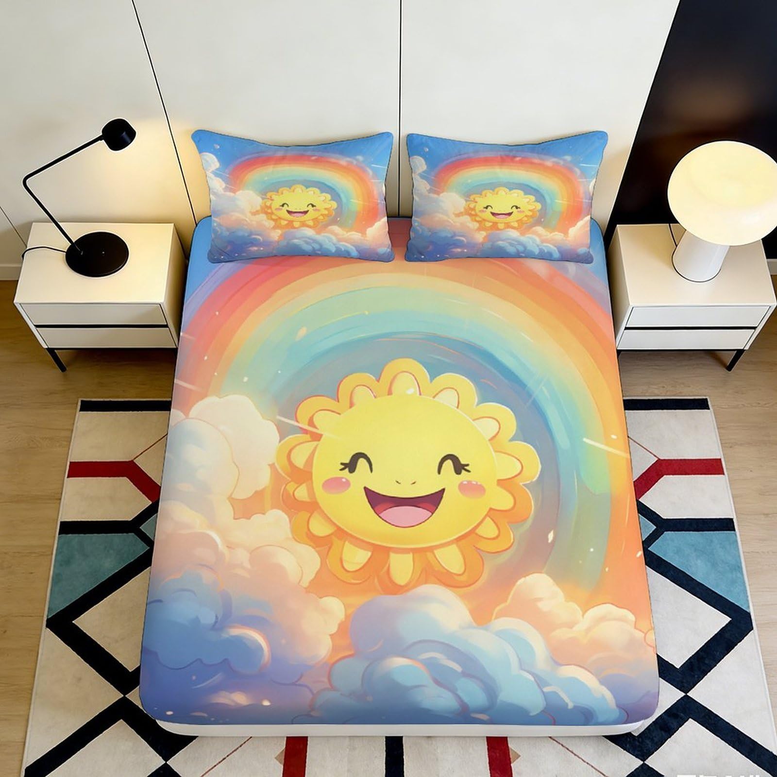 3D Printed Smiling Sun Rainbow Fitted Sheet Microfiber Soft Colourful Cloud Mattress Cover for Bedroom Guestroom 90x200x25cm
