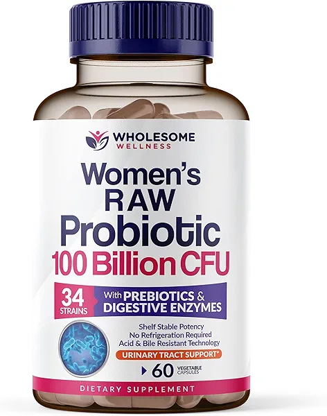 Wholesome Wellness Dr. Formulated Raw Probiotics for Women 100 Billion CFUs Capsules with Prebiotics, Digestive Enzymes, Approved for Adults, Shelf Stable Supplement