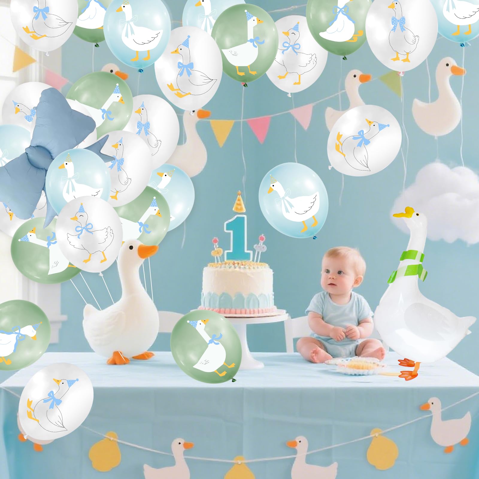 Balony z motywem ej gęsi: lateksowe balony z kokardą, gęś, jedna a gęś, dekoracja urodzinowa, chłopiec, a gęś, dekoracje urodzinowe na baby shower, zestaw łuków balonowych, niebieskie