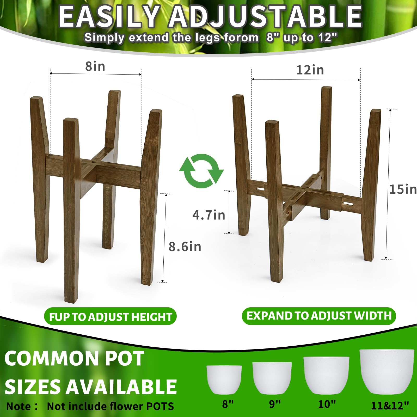Soporte para plantas de interior, soporte ajustable de bambú para plantas, estante moderno para macetas, estante para plantas, se adapta a macetas de 8 a 12 pulgadas (maceta y planta no incluidas) 4