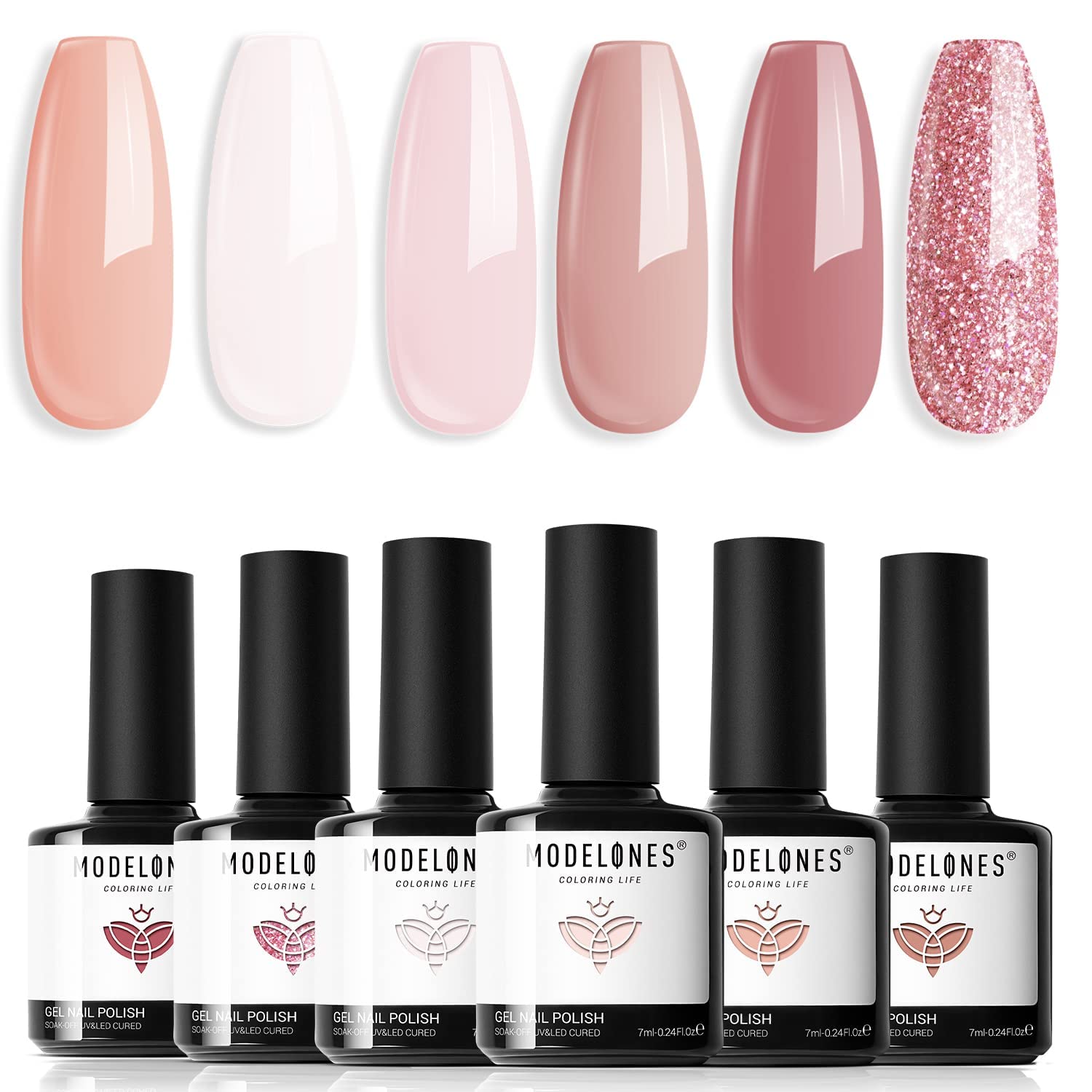 Modelones UV Nagellack,Gel Nagellack UV 6 Farben,Nude Weiß Rosa Glitzer für Frühling Sommer Soak Off Nail Polish French Manicure DIY zu Hause Geschenke, 7 ml