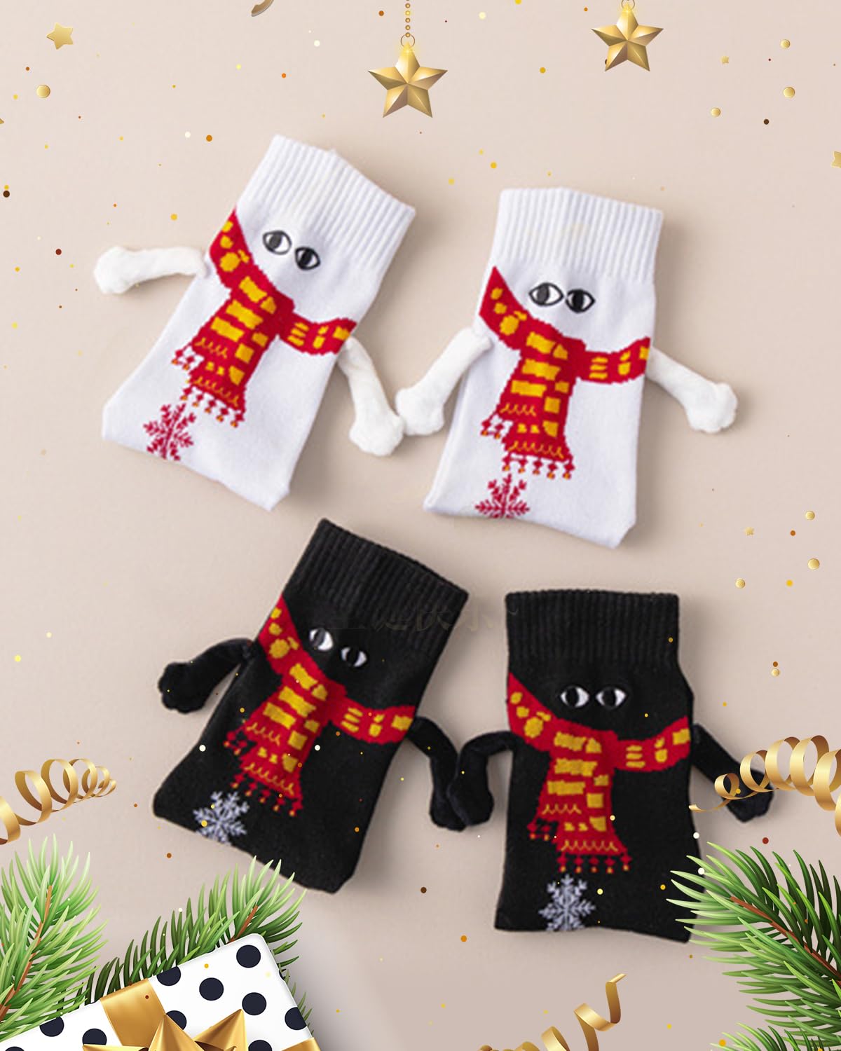 Yawlsow Lot de 4 paires de chaussettes de Noël amusantes avec ventouses magnétiques 3D pour couple, famille, amis, Rouge + vert + noir + blanc, taille unique
