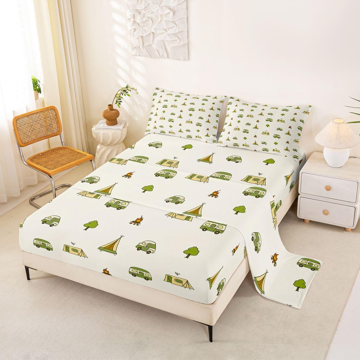Homewish Motyw kempingowy Prześcieradła Podwójne Ognisko Podróżne Zestaw Arkuszy Kemping Impreza Dekoracja Zestaw Pościeli - Rv Camper Decor Dopasowane Płaskie Prześcieradła 4 Sztuki