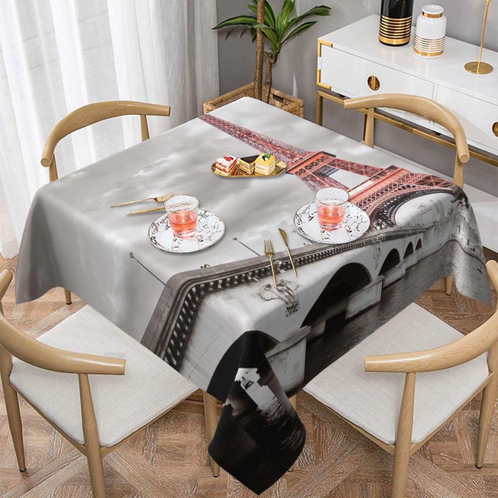 DCEHGEW Tower Paris Prints Square Tablecloth 137x137 CM, Waterproof Fabric Table Cloth for Dining Table, Farmhouse Table Cover for Kitchen Dining Tabletop Decoration