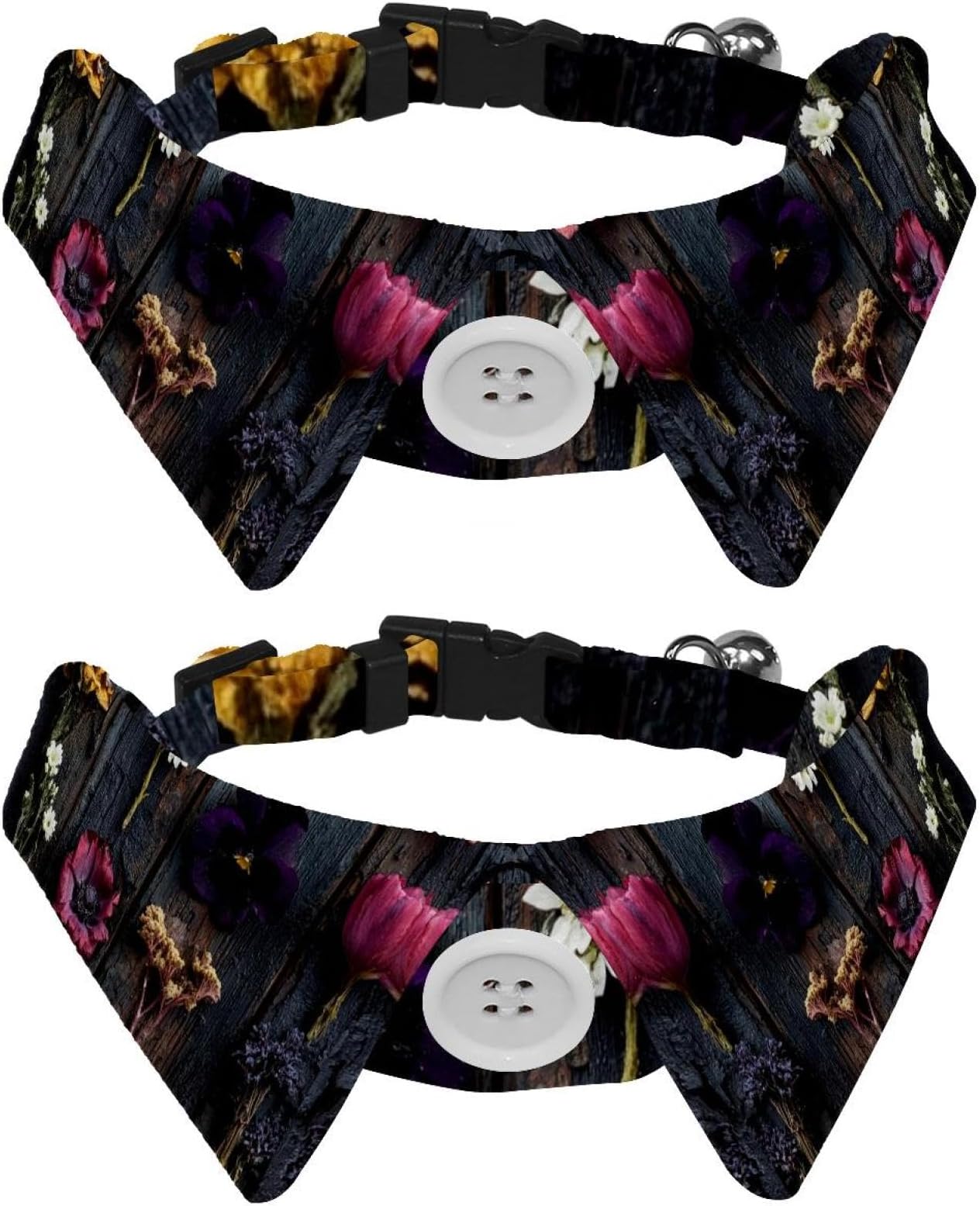 Double Pack Stylish Dog Bow Ties Collar – Secure Elastic Design for Small/Medium/Large Pets, Daily Walk & Party Outfits (Flowers on Vintage Wooden Boards (1))