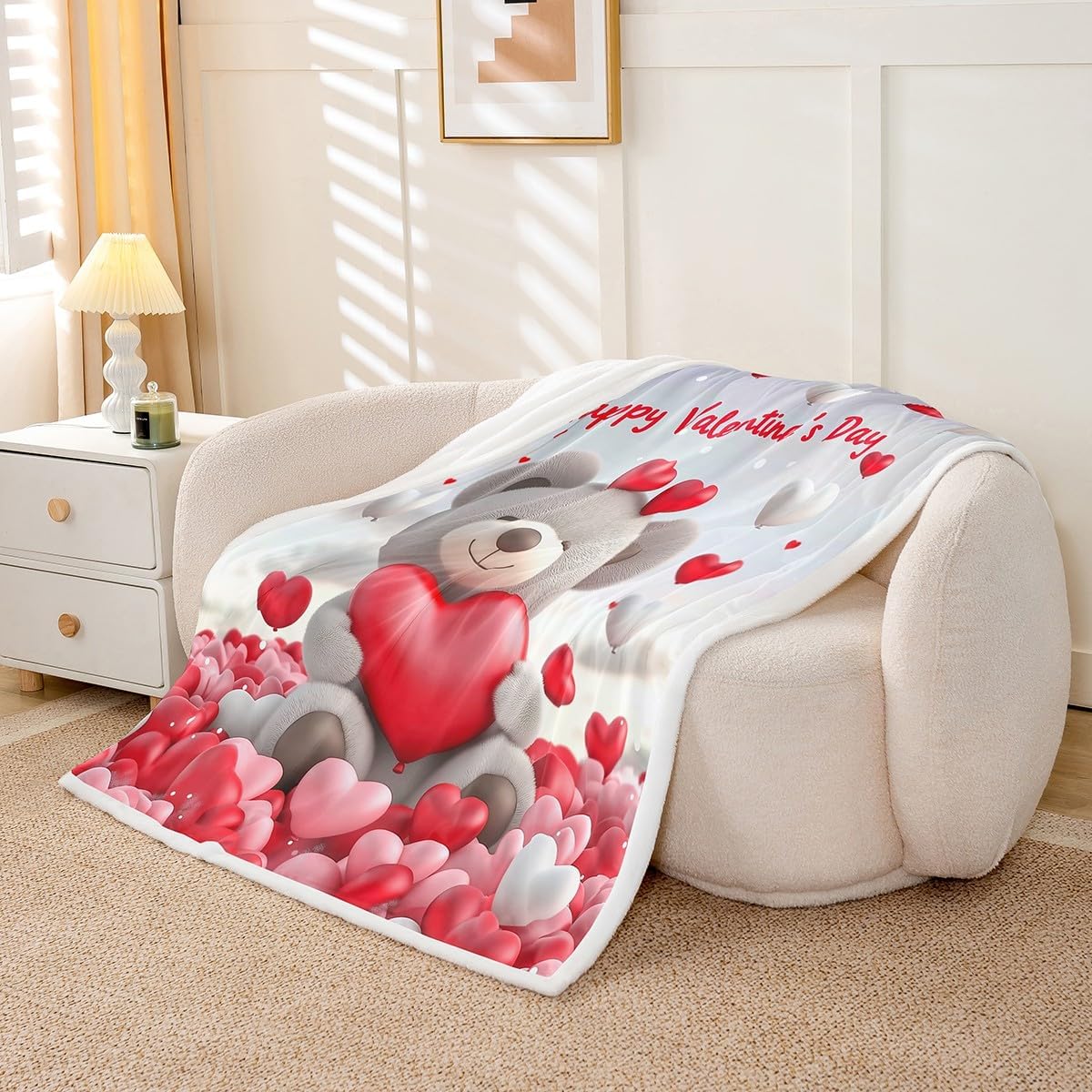 Erosebridal Cute Grey Bear Twin 60"X80" Fleece Blanket Valentine's Day Throw Blanket Red Romantic Love Heart Balloon Sherpa Blanket Kawaii Animal Doll Fuzzy Blanket for Kids Boys Girls Bed Sofa