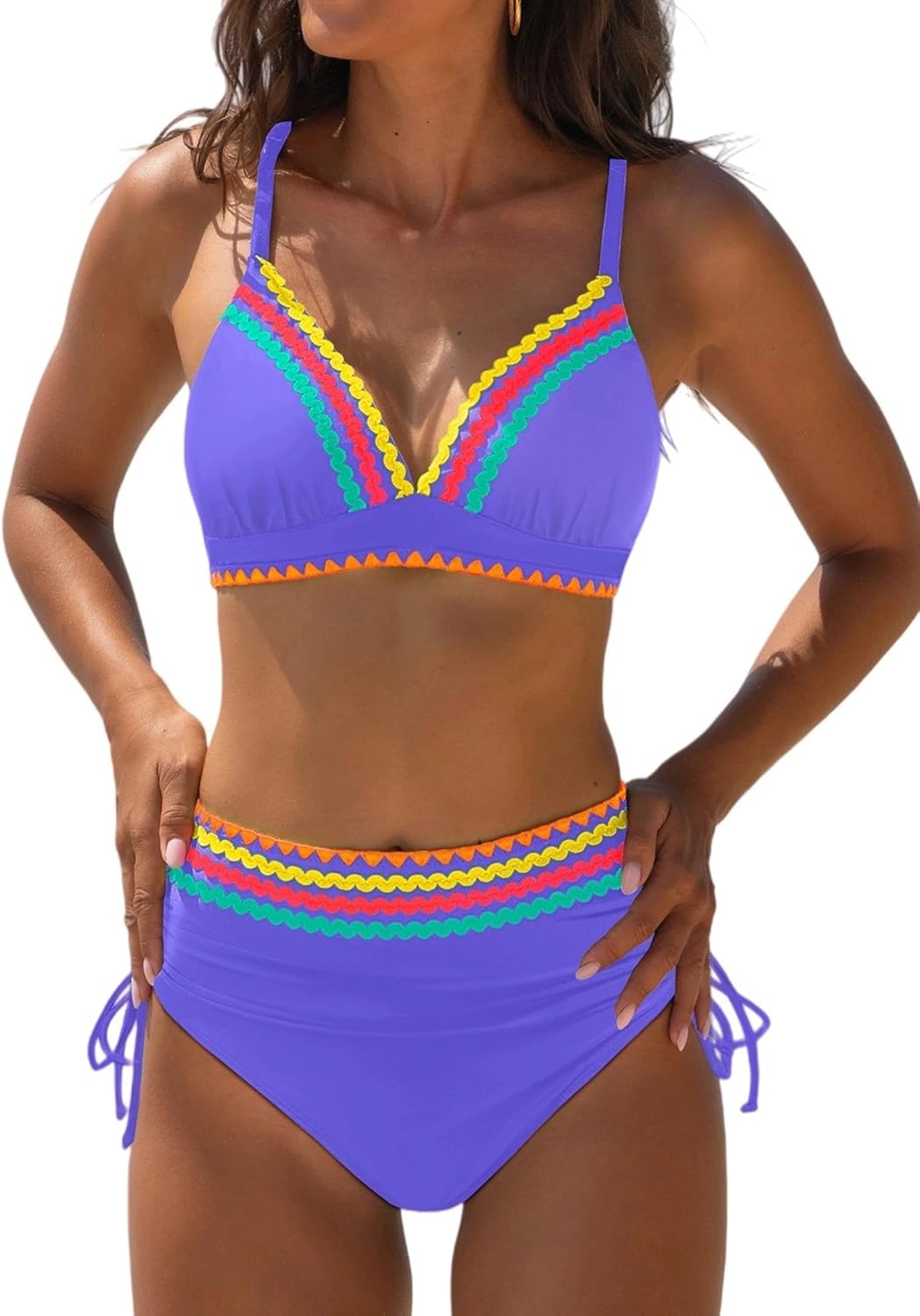 popvil High Waisted Bikini Sets for Women Tummy Control Swimsuits Neon Two Piece V Neck Drawstring Bathing Suits 2026