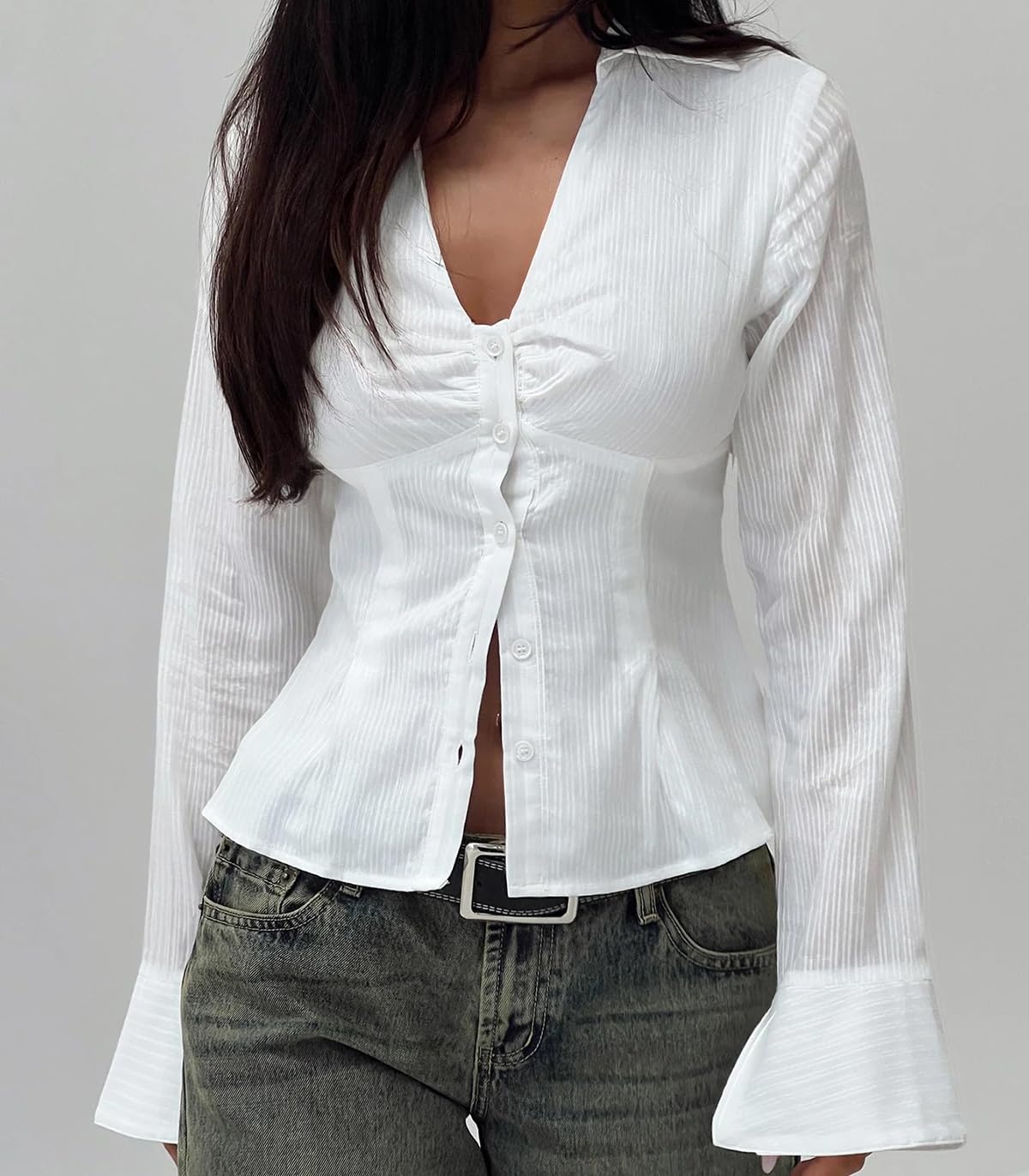 Women V Neck Button Down Slim Shirt Y2K Long Bell Sleeve Collared Fitted Crop Top Coquette Work Blouse Party Shirts - Image 2