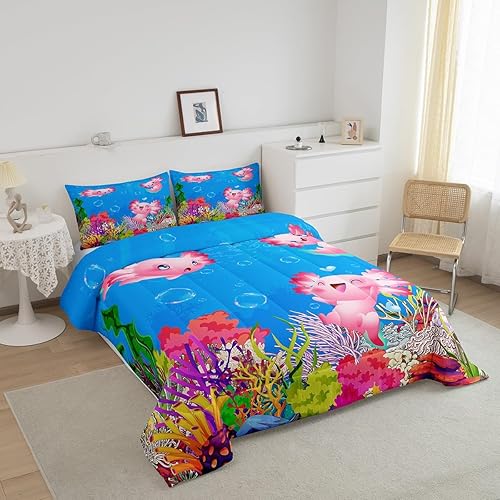 Miniatura 3 de Juego de edredón de tamaño individual de ajolote para niñas, decoración de salamandra de dibujos animados para todas las estaciones, edredón de
