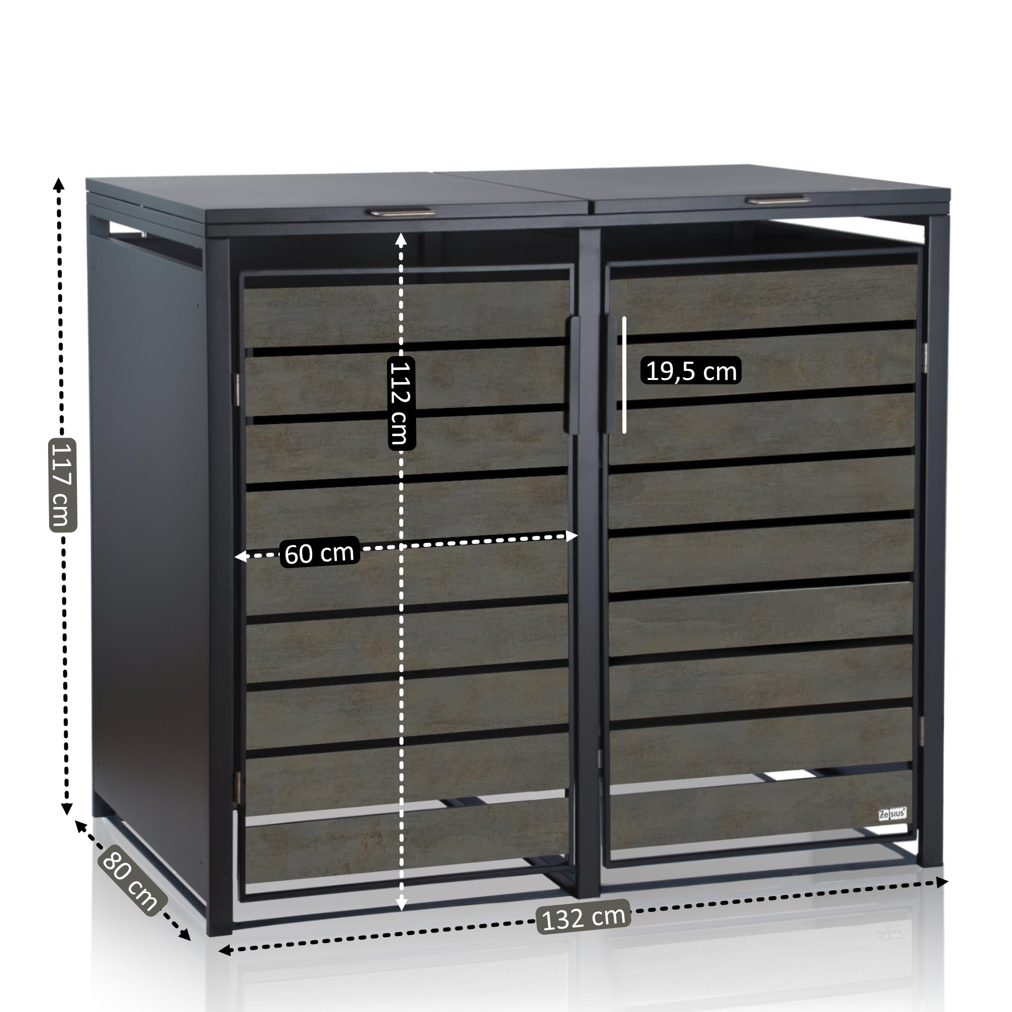 Zelsius Mülltonnenbox 2er Mülltonnen | (B) 132 x (T) 80 x (H) 117 cm | Anthrazit RAL7016 | Tür in dunkelgrauer Holzoptik mit Erweiterungsmöglichkeit | Mülltonnenverkleidung, Garten Müllbox