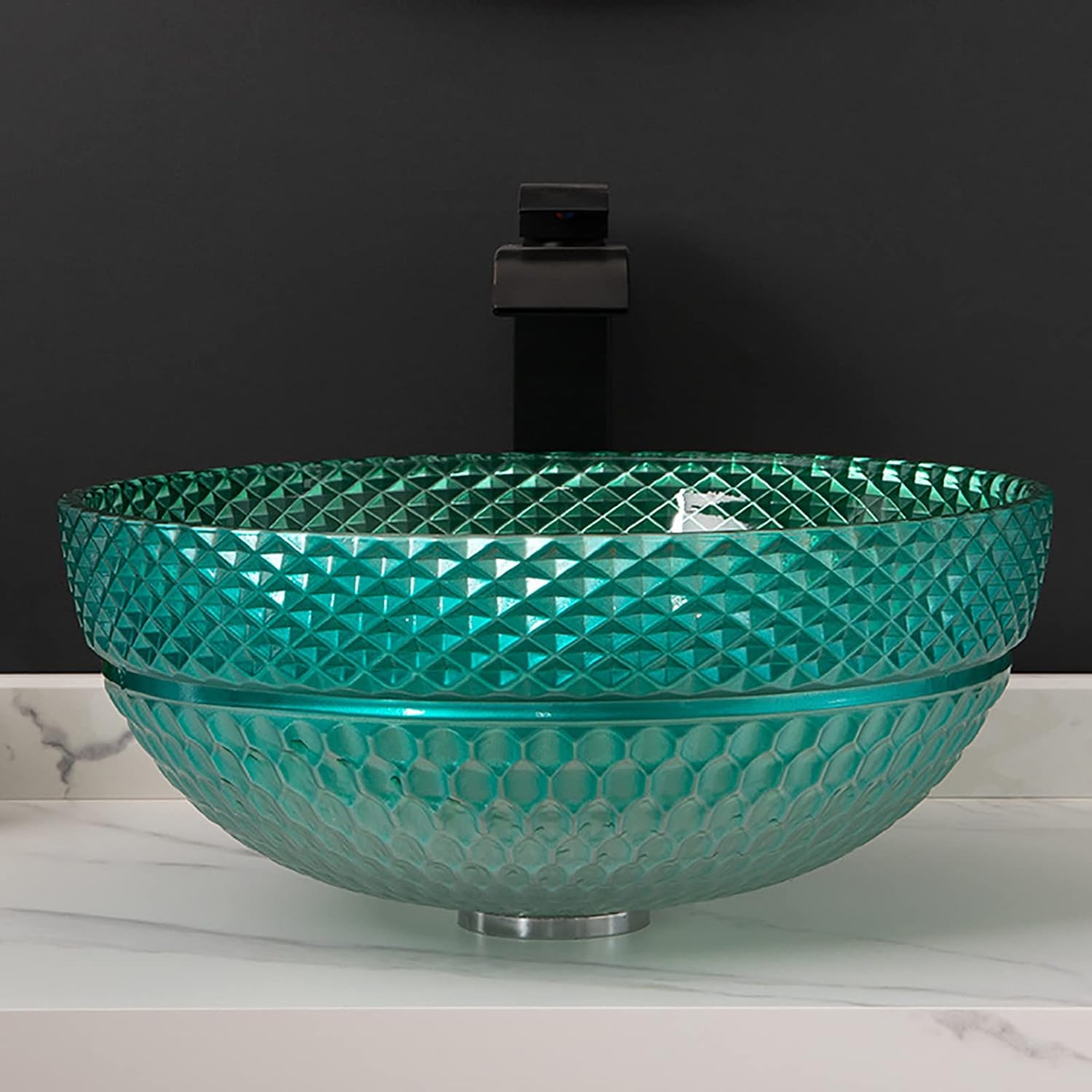 Glass Vessel Sink Round Bathroom Vessel Sink Green Artistic Vessel Bowl Sink Countertop Vanity Vessel Sink with Pop Up Drain, Mounting Ring, 400×400×160mm,Single Sink