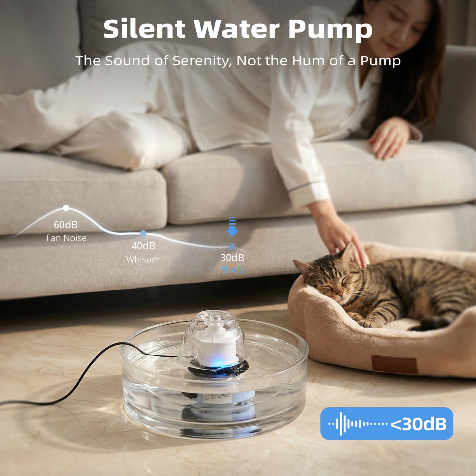 Fuente de agua de vidrio para gatos y perros de 2,7 L, dispensador automático de agua para mascotas con bomba silenciosa
