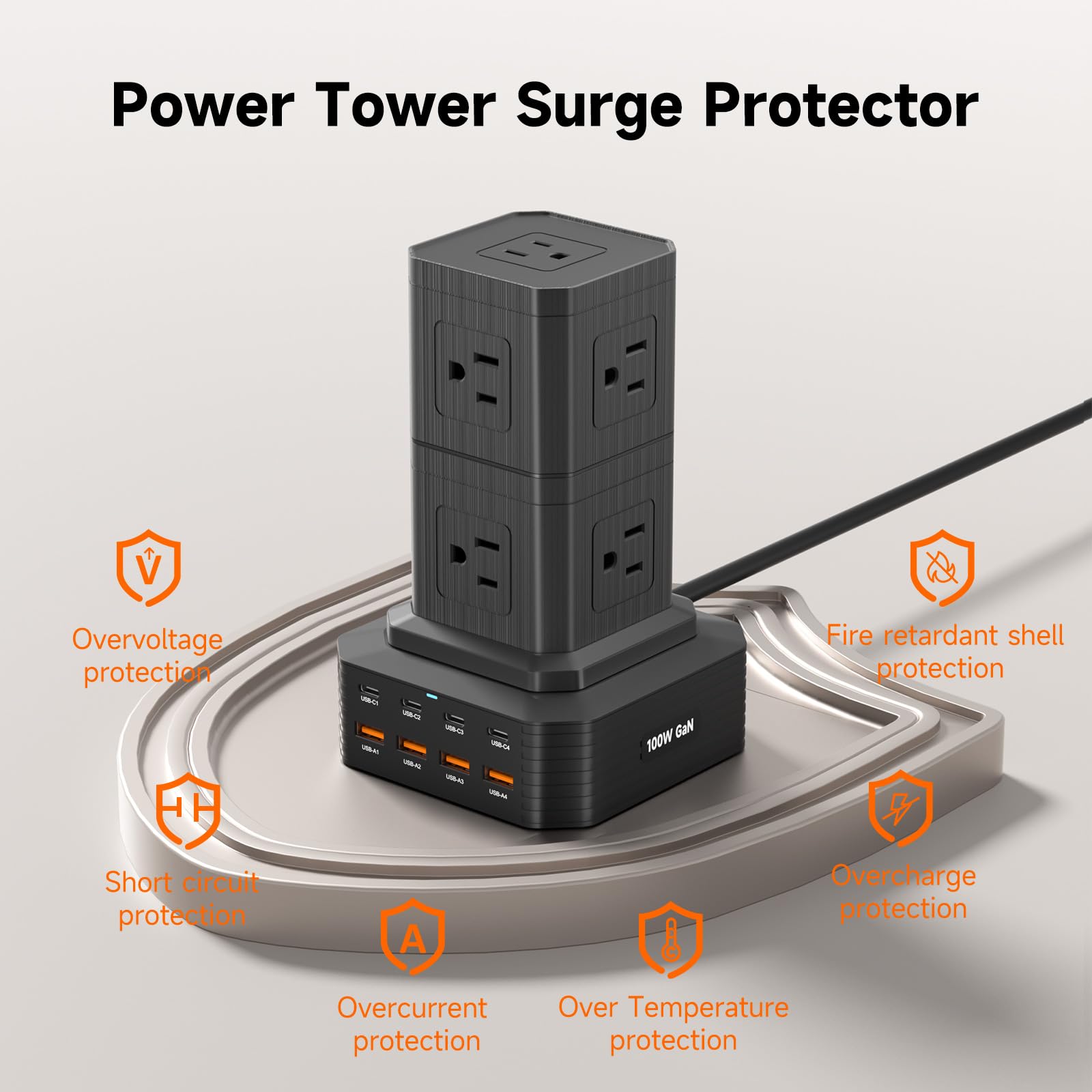 Estación de carga (100 W), regleta de alimentación USB C 17 en 1 con protección contra sobretensiones, cable de extensión de 6.5 pies, 4 puertos USB C y 4 puertos USB A, 9 salidas de CA para oficina