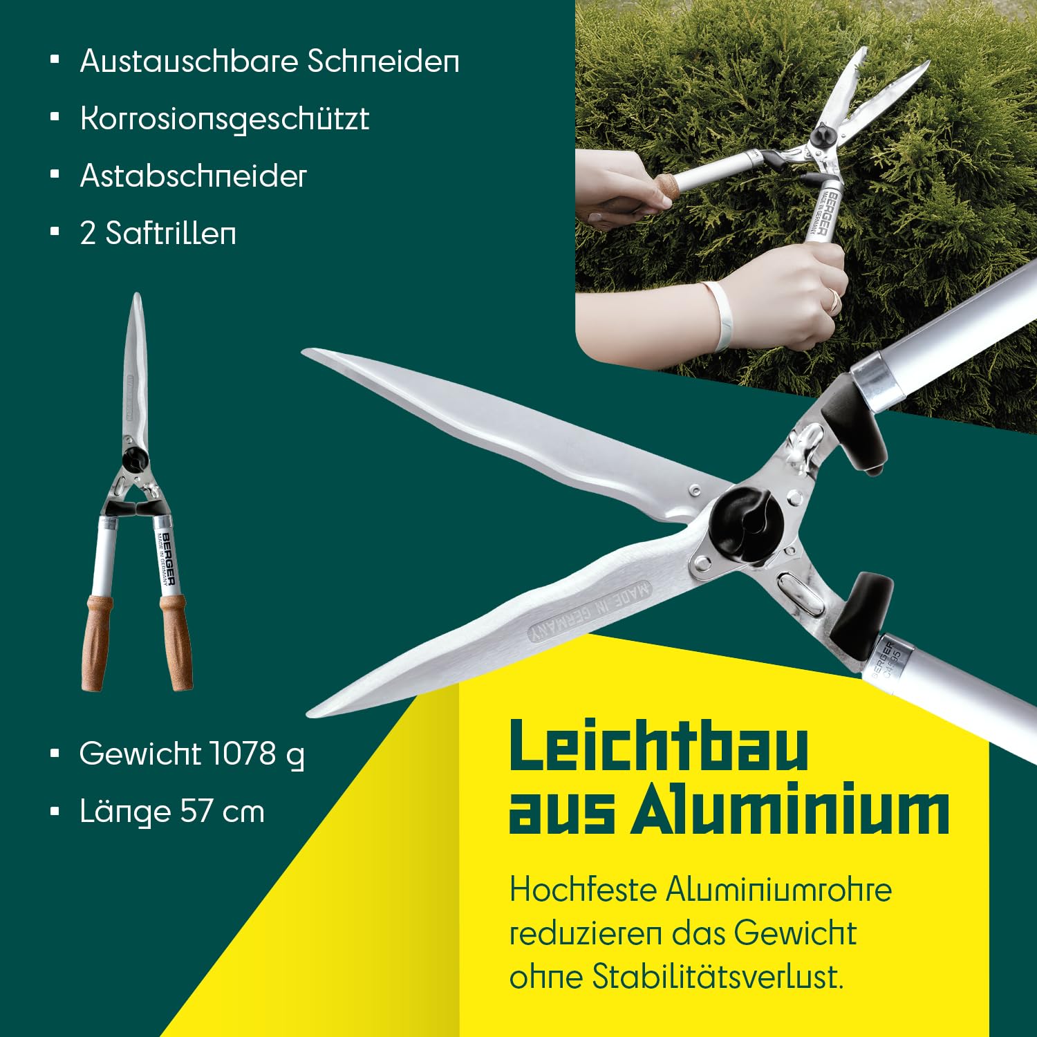 BERGER Heckenschere mit Korkgriff C4595 | Heckenschere manuell mit 24?cm Schnittlänge | Wellenschliff & Anschlagdämpfer | Leichte & langlebige Handheckenschere | KWF-zertifiziert & Made in Germany