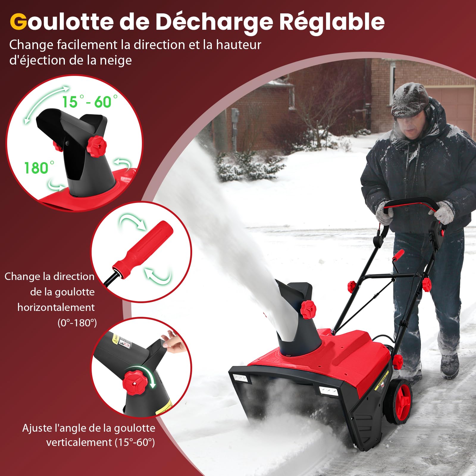 GYMAX Déneigeuse Électrique Lame 50x25cm 3000rpm Distance Jet 9m Goulotte Réglable