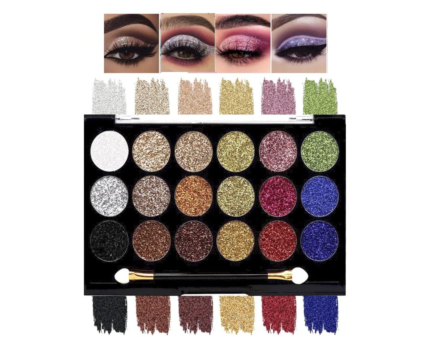 18 Color Glittering Eyeshadow & Highlighter Palette, Vibrant Colors, Creamy In Texture Highly Pigmented, Easily Blendable & Long Lasting with Eye Makeup Brush - Classic Edition (18 gm) SH-7711-ML-image-17