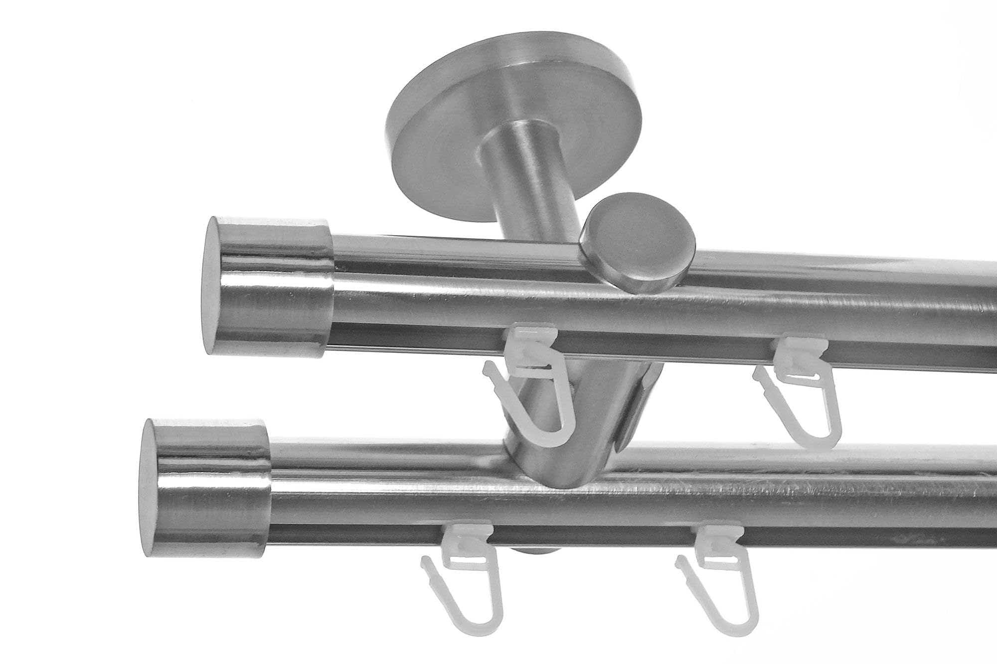BASIT Gardinenstange Innenlauf Edelstahllook 20mm 2-läufig Decke 240cm D40 | Gardinenstangenset doppelläufig Deckenmontage Metall Vorhangstange Deckenhalterung 120-600cm wählbar Kappe E30