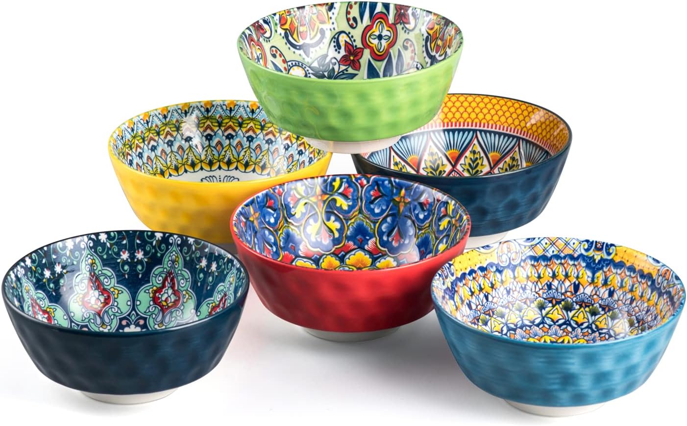 HENXFEN LEAD Ceramic Snack, Dessert Bowls Set of 6-12 Oz Colorful Small Bowl Set for Ice Cream, Nut, Condiment - Side Dish Bowls for Dipping, Salsa - Bohemian Style