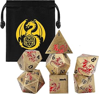 Metal Dice Set, Flat Face Design Dragon Pattern, 7pcs Polyhedral Metal DND Dice Set, DND Starter Set, D&D Gifts with Gift Bag, Role Playing Board Games Accessories, Bronze