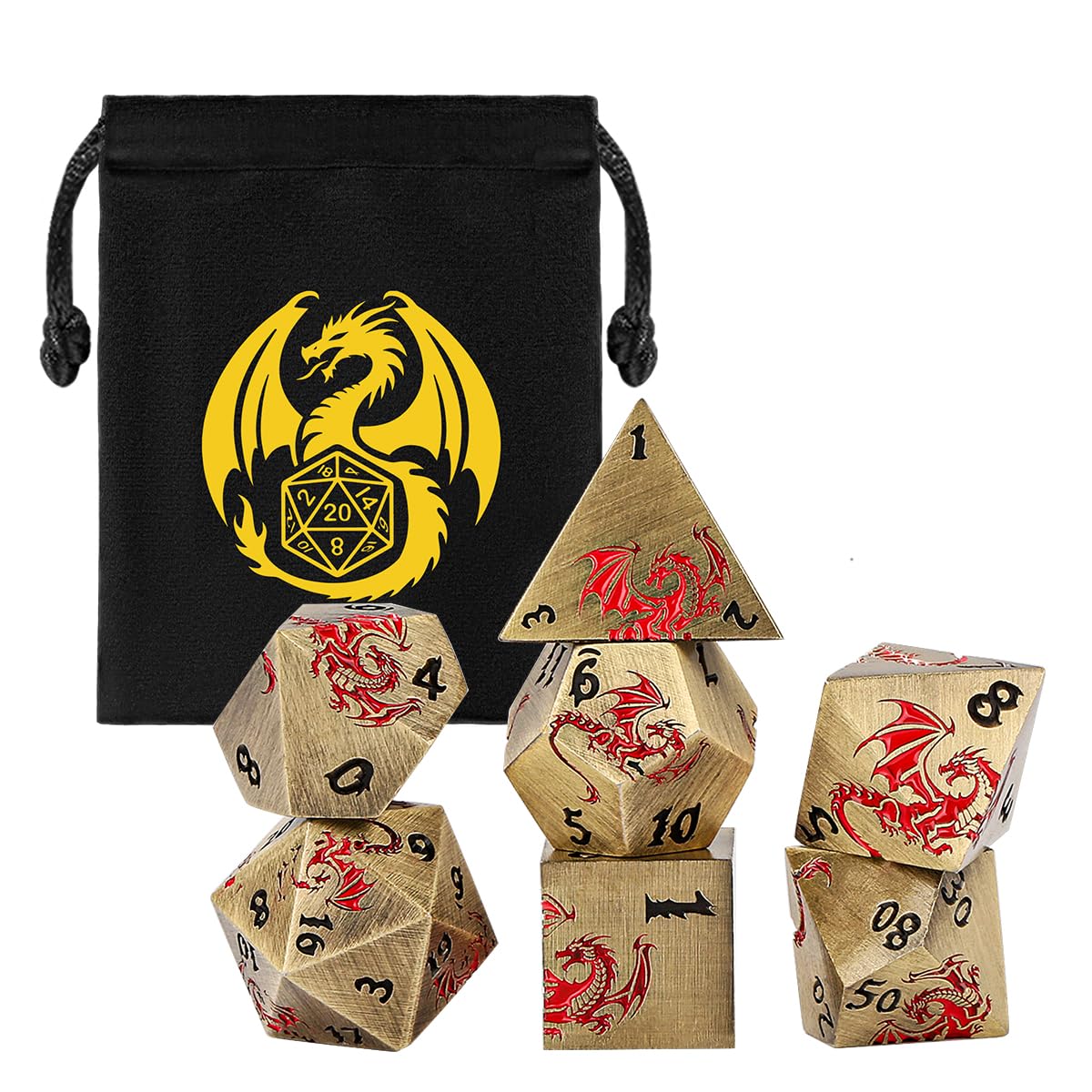 Metal Dice Set, Flat Face Design Dragon Pattern, 7pcs Polyhedral Metal DND Dice Set, DND Starter Set, D&D Gifts with Gift Bag, Role Playing Board Games Accessories, Bronze