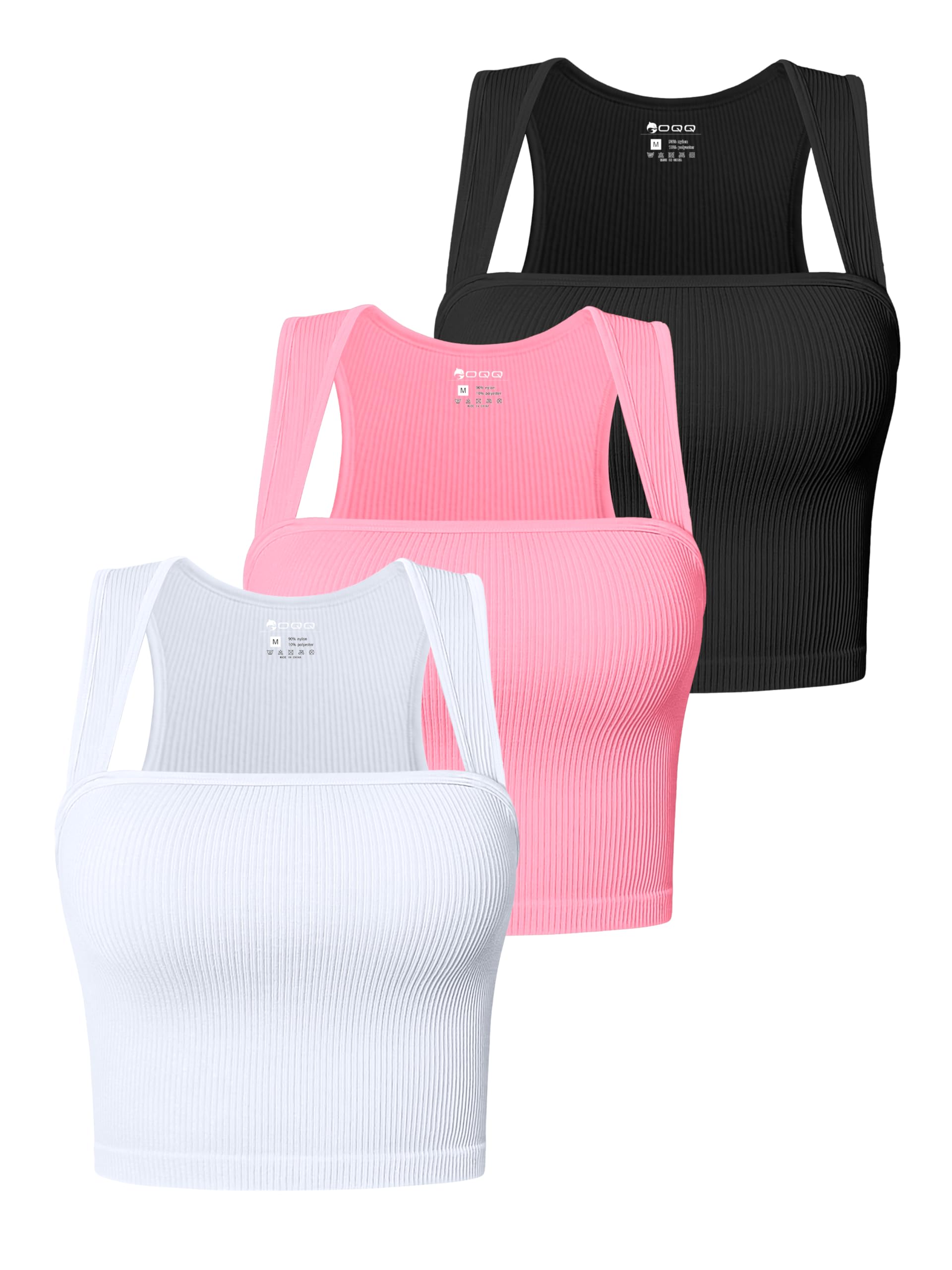OQQ Women's 3 Piece Tank Tops Strappy Sleeveless Square Neck Stretch Tee Shirts Crop Camis
