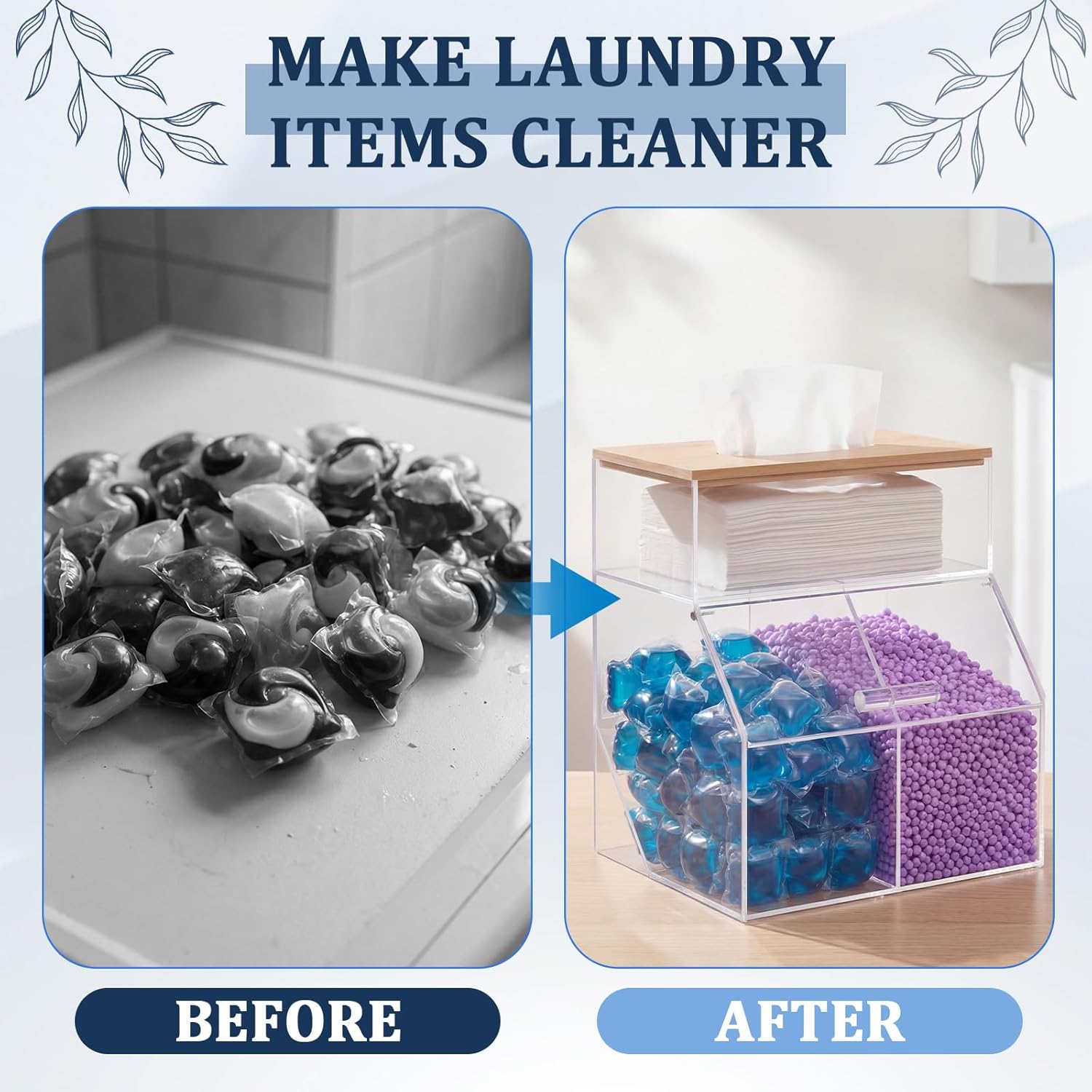 Juexica 3 in 1 Laundry Pods Container & Dryer Sheet & Fragrance Beads Holder with Bamboo Lid Acrylic Dishwasher Pods Holder Dispenser Laundry Room Organization Storage for Room Kitchen Home