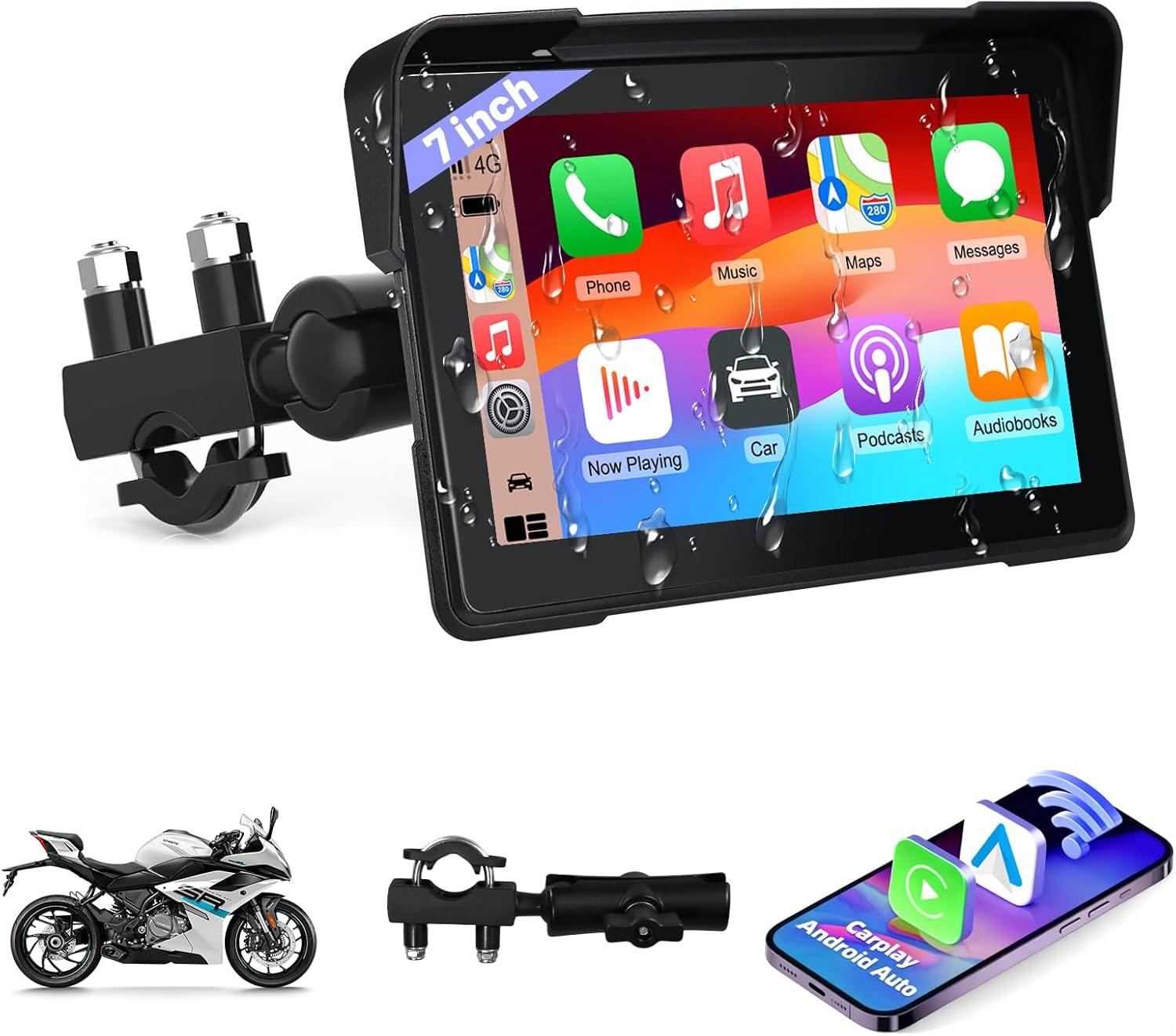 7Inch Motorcycle Carplay, GPS Navigation System with Apple CarPlay & Android Auto, Waterproof Touchscreen, IP67 Waterproof for Motorbike, Support Dual Bluetooth, Siri, Google Assistant