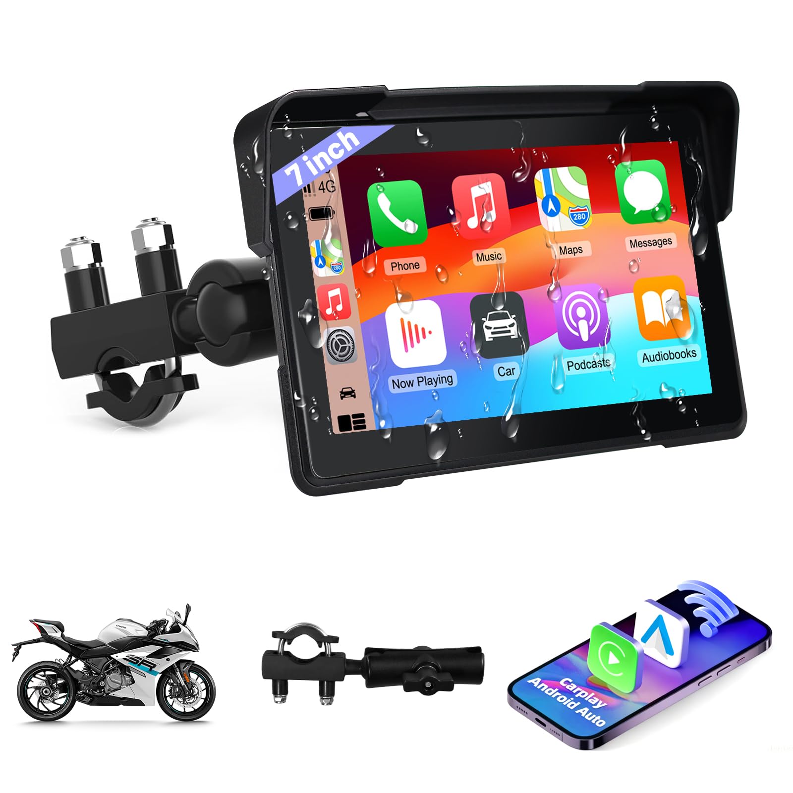 7Inch Motorcycle Carplay, GPS Navigation System with Apple CarPlay & Android Auto, Waterproof Touchscreen, IP67 Waterproof for Motorbike, Support Dual Bluetooth, Siri, Google Assistant-image-36