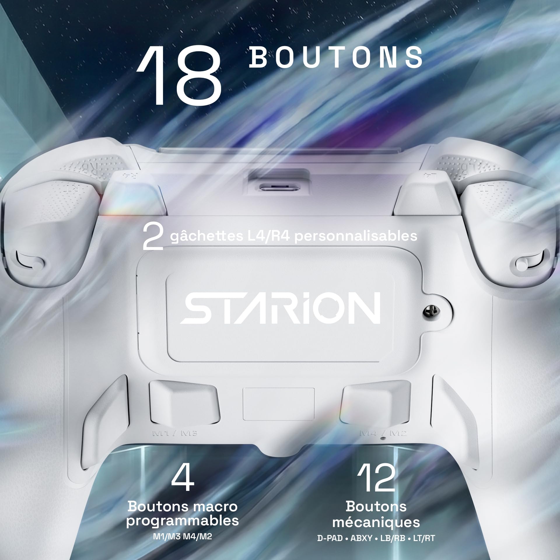 Oniverse Manette sans fil pour PS5/PC/Steam Deck - Starion - Joystick et gâchette Hall Effect, Palettes macro programmables, Gâchettes L4/R4, Pavé tactile, Anti-Drift, Bluetooth/USB-C - White
