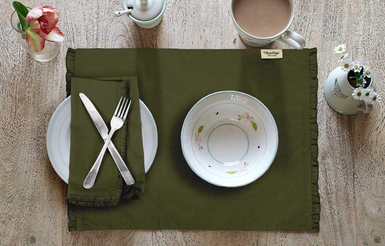 Dark Olive Green Solid Home Decor Washable Frill Placemats & Napkins Table Decor Dining Mats-Pack of 6