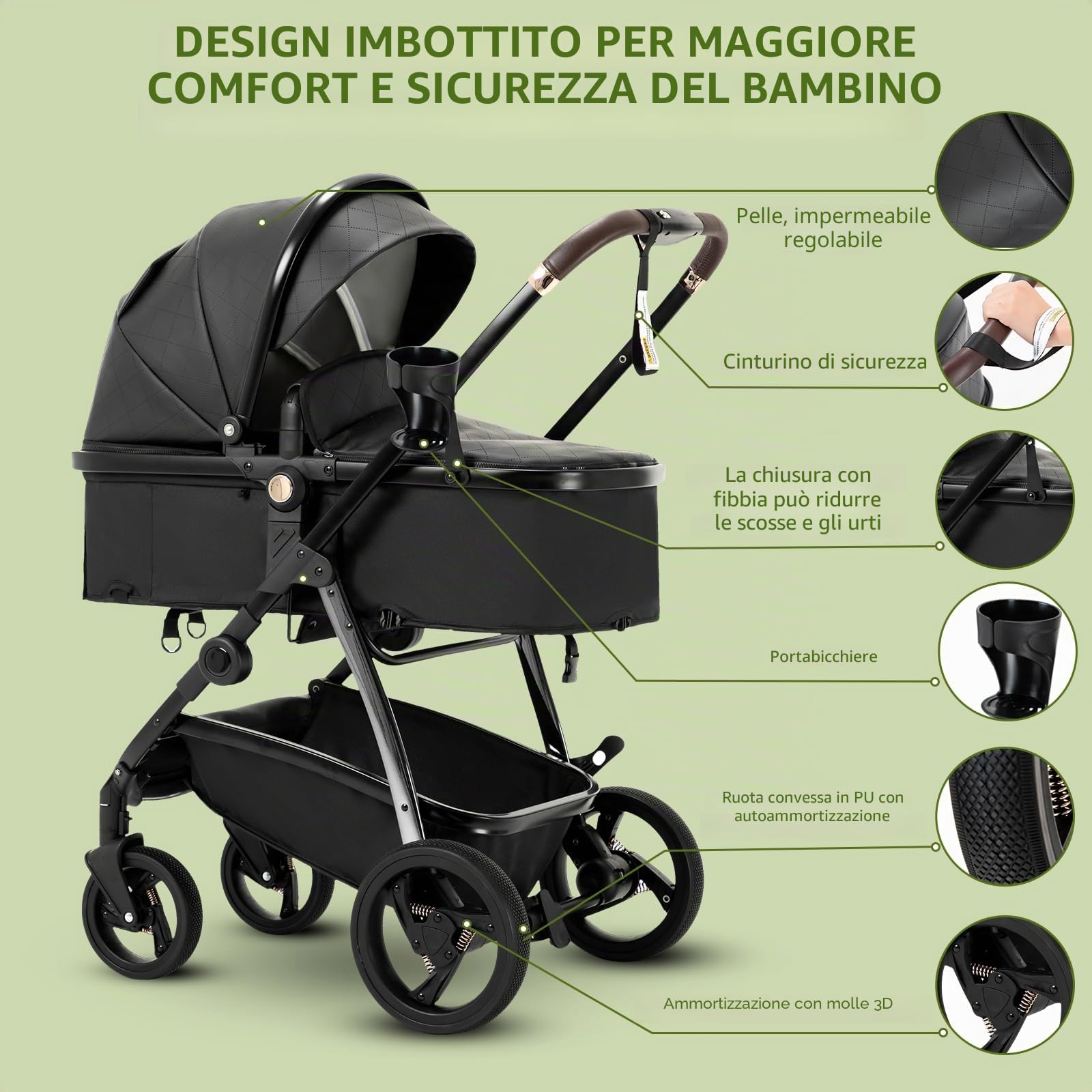 Zkiprm Sistema Viaggio 3 in 1 Passeggino con Seggiolino Auto R129, Reversibile, Pieghevole Un Clic, Ruote PU Antishock, Telaio in Alluminio Leggero, Copripioggia (0-4 Anni) Nero