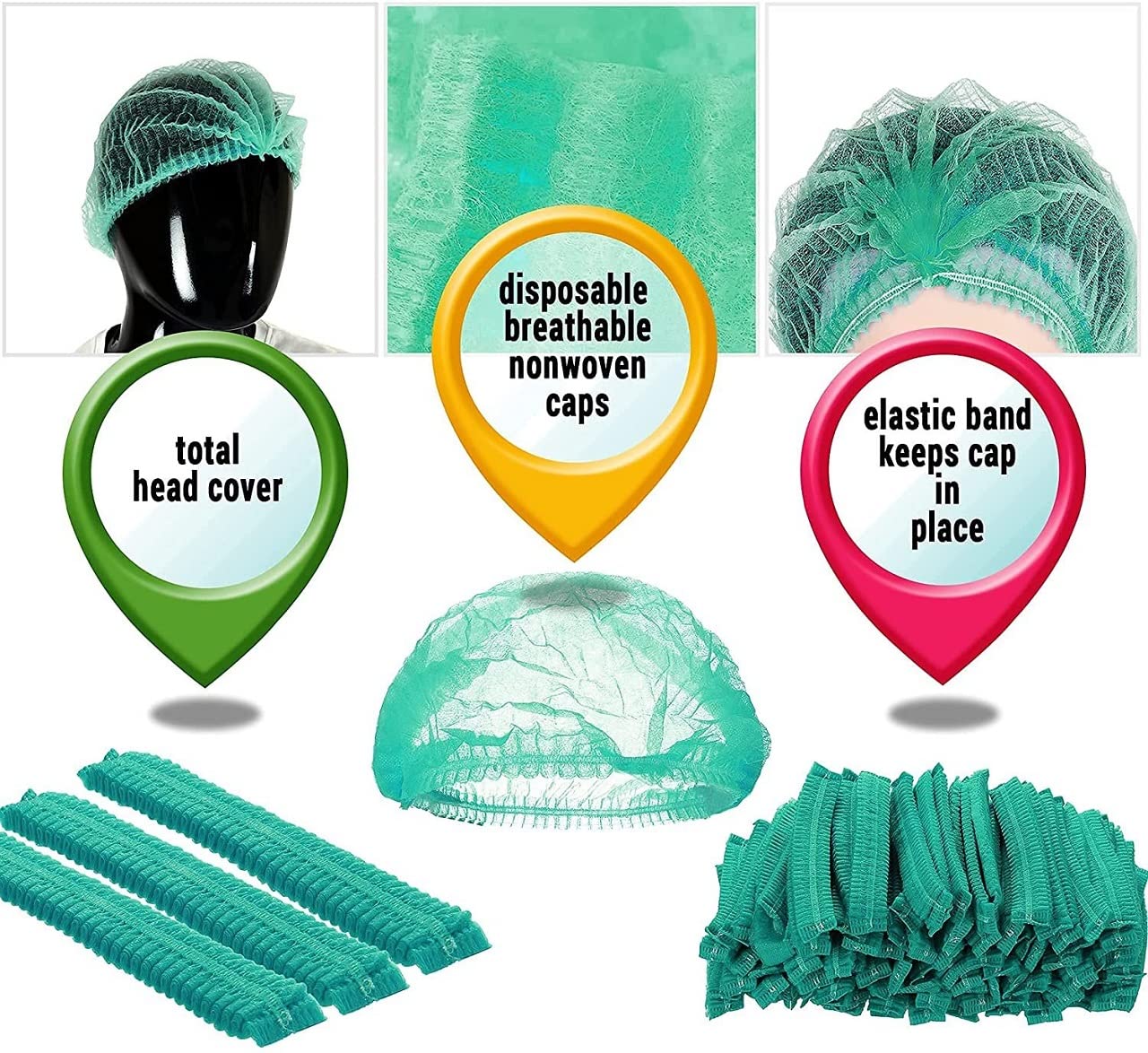 Case of 1000 Green Disposable Polypropylene Bouffant Caps 21″ /w Elastic Stretch Band, Hairnets