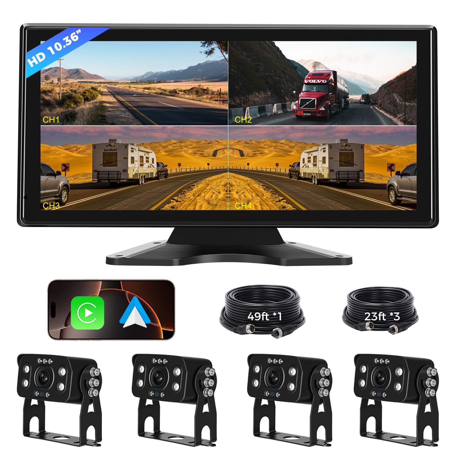 Losuudy Truck RV Camera System with CarPlay & Android Auto,10.36'' Touch Screen with Recording & Voice Control & Navigation, 4 HD1080P IR Wired Rearview Backup Camera for Semi Trucks, RVs, Trailers
