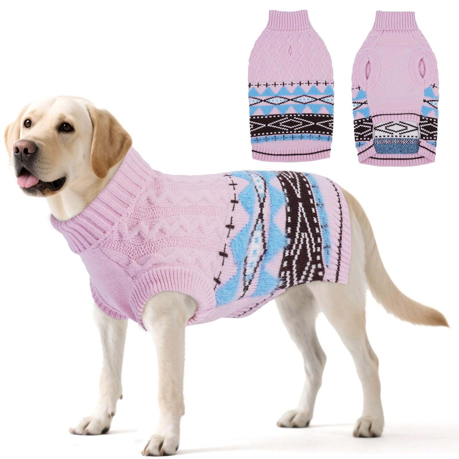 Hjumarayan Fair Isle Dog Jumper - Winter Knit Sweater with Harness Hole Stretchy Easy On/Off Christmas Jumper for Small Medium Dogs(2–54LB), Warm French Bulldog Clothes Pink XL