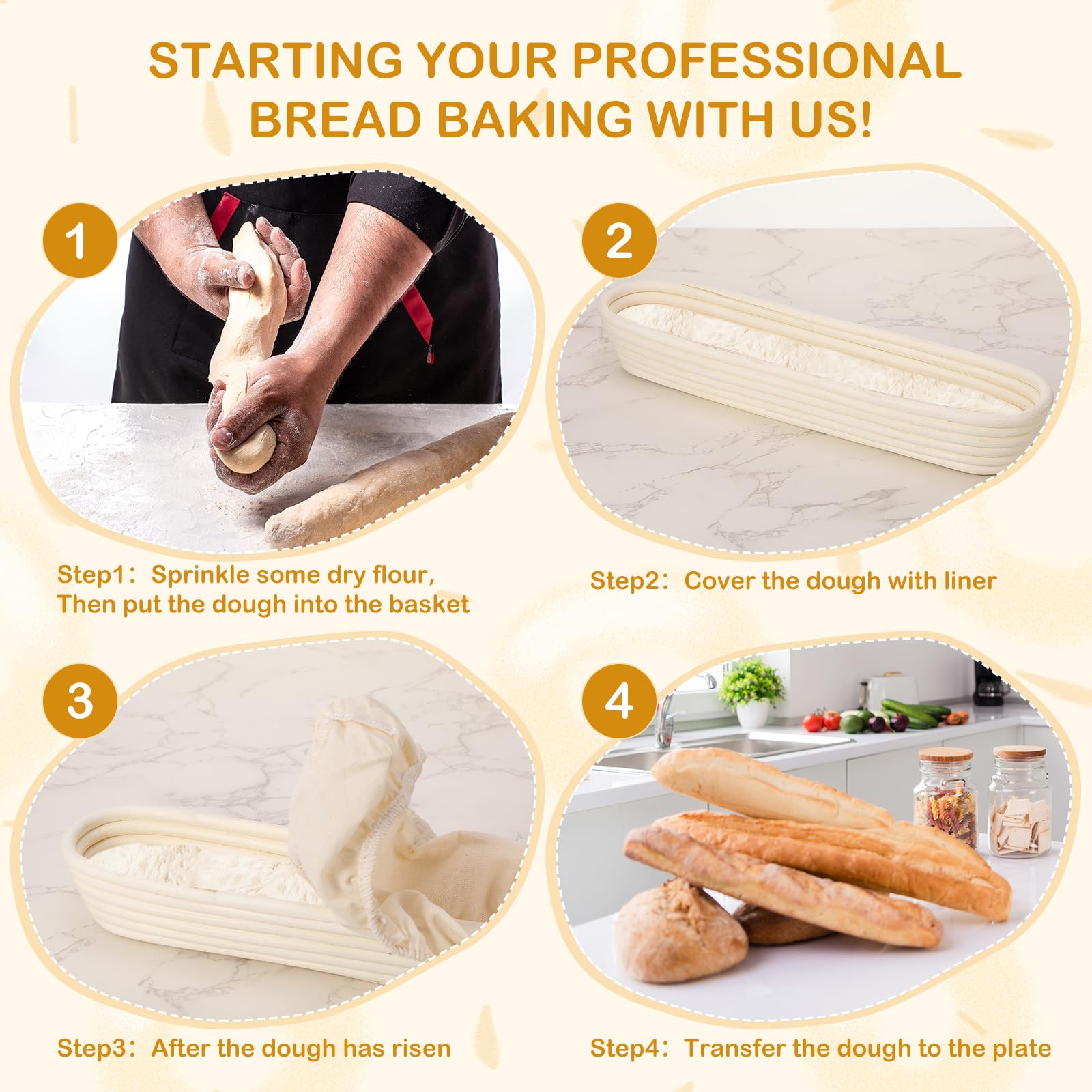 Vesici Baguette-Brot-Gärkörbe mit Stoffeinsatz, 38,1 cm lang, Baguette-Banneton-Backschalen, Rattan, Sauerteig-Gärkörbe für Zuhause, Sauerteig, Backzubehör, Backgeschenke, 6 Sets