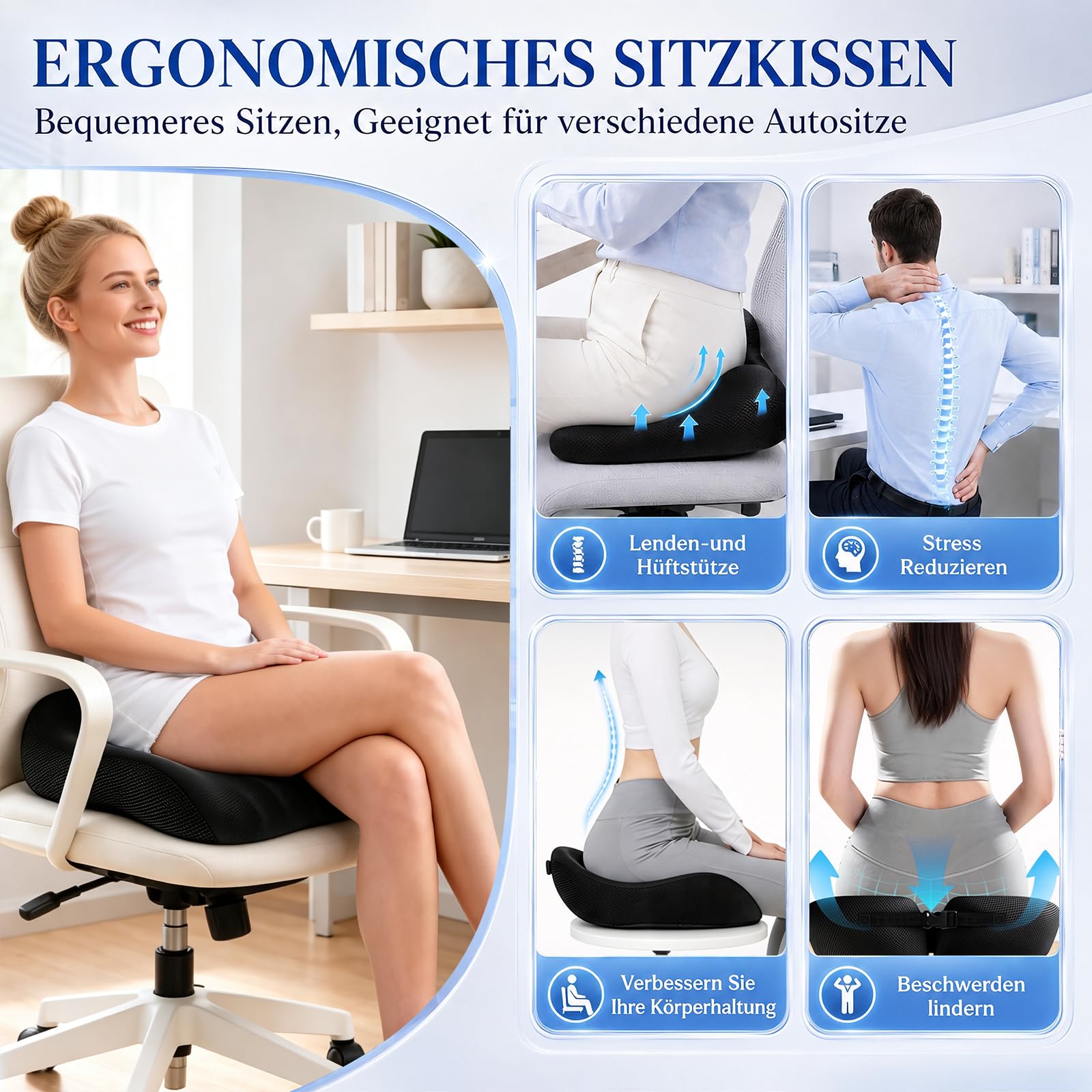 Cuscino ortopedico in memory foam, cuscino ergonomico per emorroidi, per auto, sedia a rotelle, ufficio, per alleviare il dolore al coccige, nero