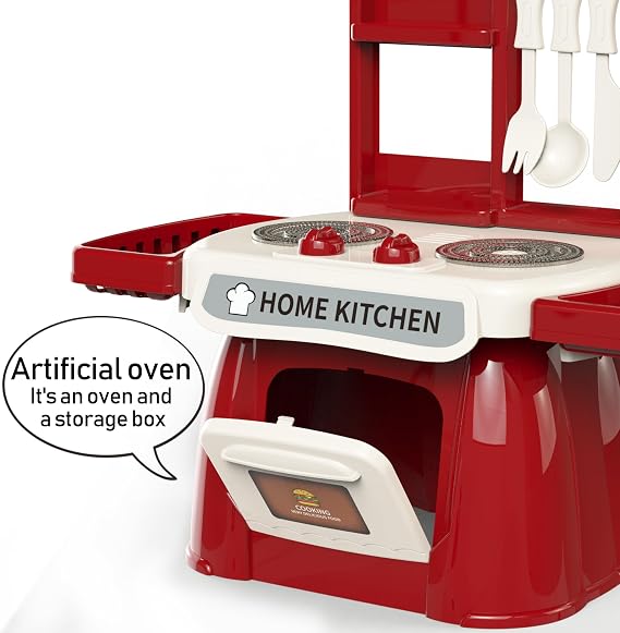 Kitchen Toys Imitated Chef Light Music Pretend Cooking Food Play Dinnerware Set Children Girl Toy Kitchen Sink with Running Water and Electronic Induction Stove (red kitchen)