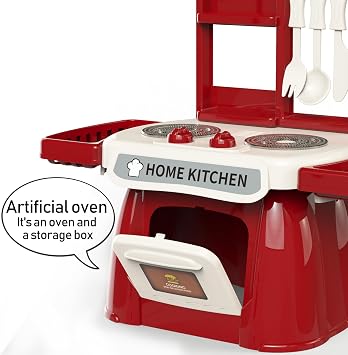 Kitchen Toys Imitated Chef Light Music Pretend Cooking Food Play Dinnerware Set Children Girl Toy Kitchen Sink with Running Water and Electronic Induction Stove (red kitchen)