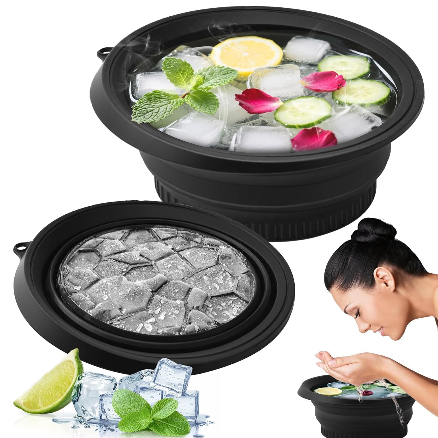 PANCA Foldable Silicone Face Bowl with Built-in Ice Tray | Portable Ice Facial Bowl for Home Ice Baths & Skin Therapy | Black