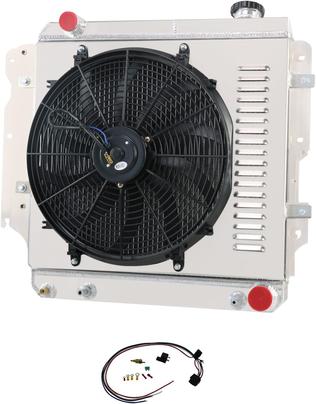 4 Row Core Aluminum Radiator for 1987-2006 Jeep Wrangler TJ YJ GM Chevy V8 Conversion with Shroud Fan & Relay 1988 1989 1990 91 92 93 94 95