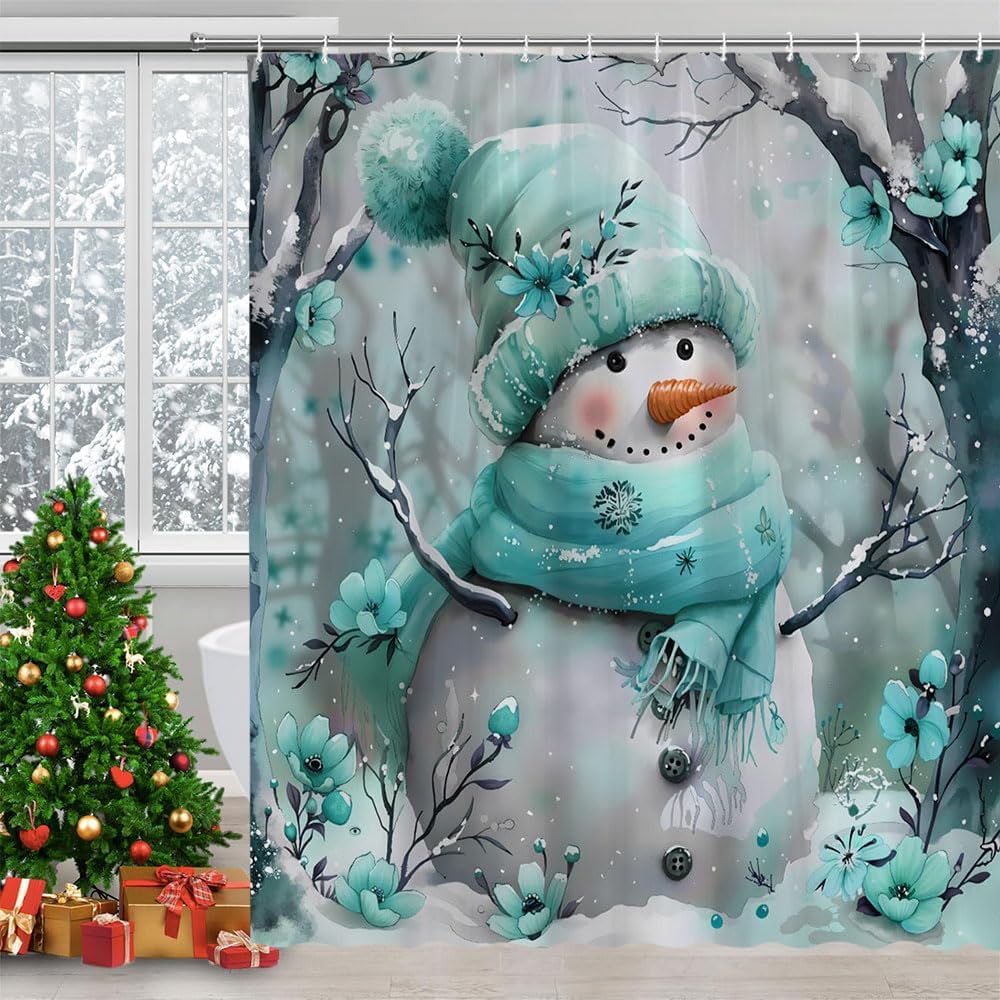 Winter Christmas Snowman Shower Curtain,Rustic Winter Forest Snowflake Funny Snowman with Floral Decor Farmhouse Xmas Polyester Curtains Set with Hooks (Teal, 70" W x 75" H)