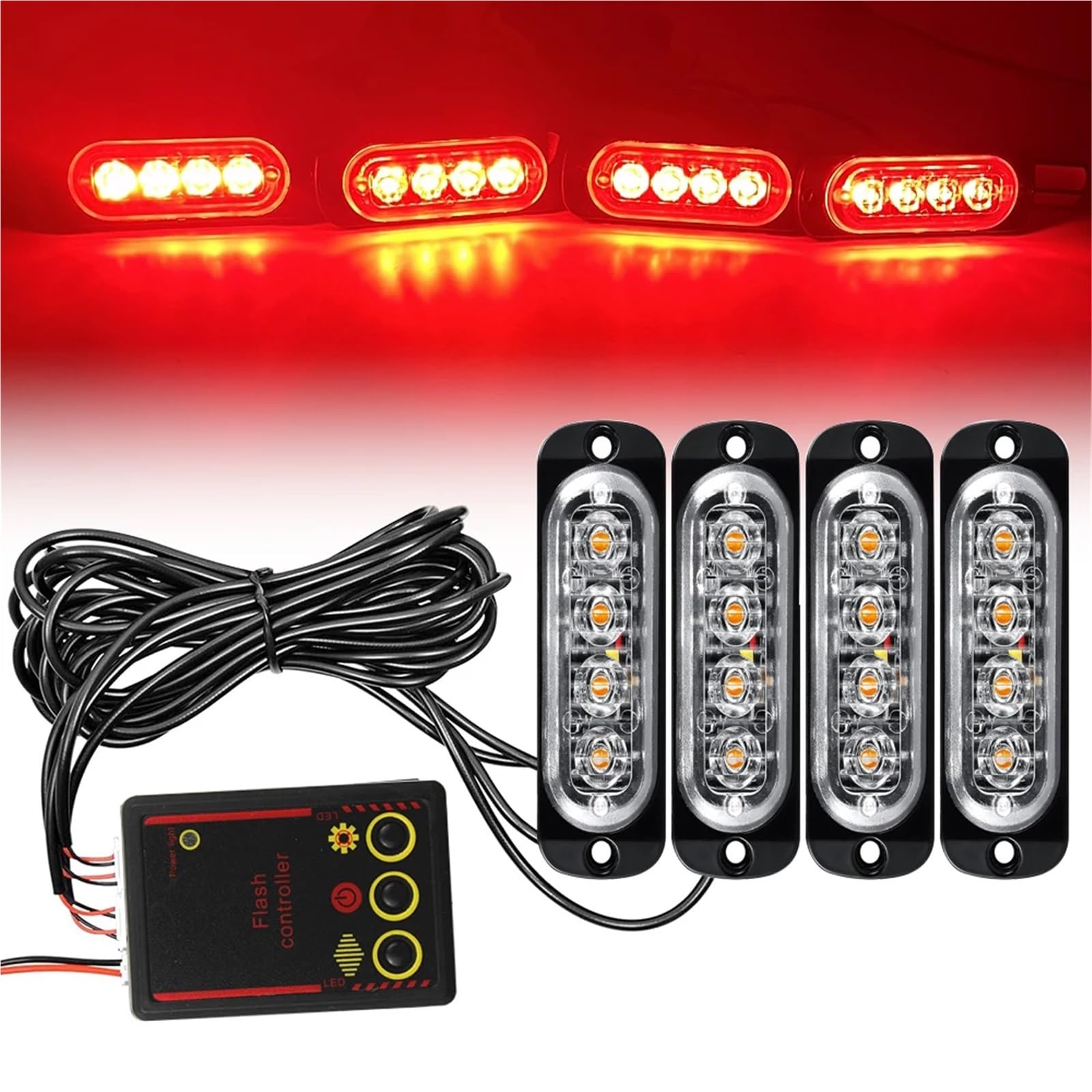 Luces de emergencia for coche con 4 LED, luz estroboscópica de policía, luz de advertencia LED ámbar intermitente, baliza de 12V/24V for camión/remolque(Red)