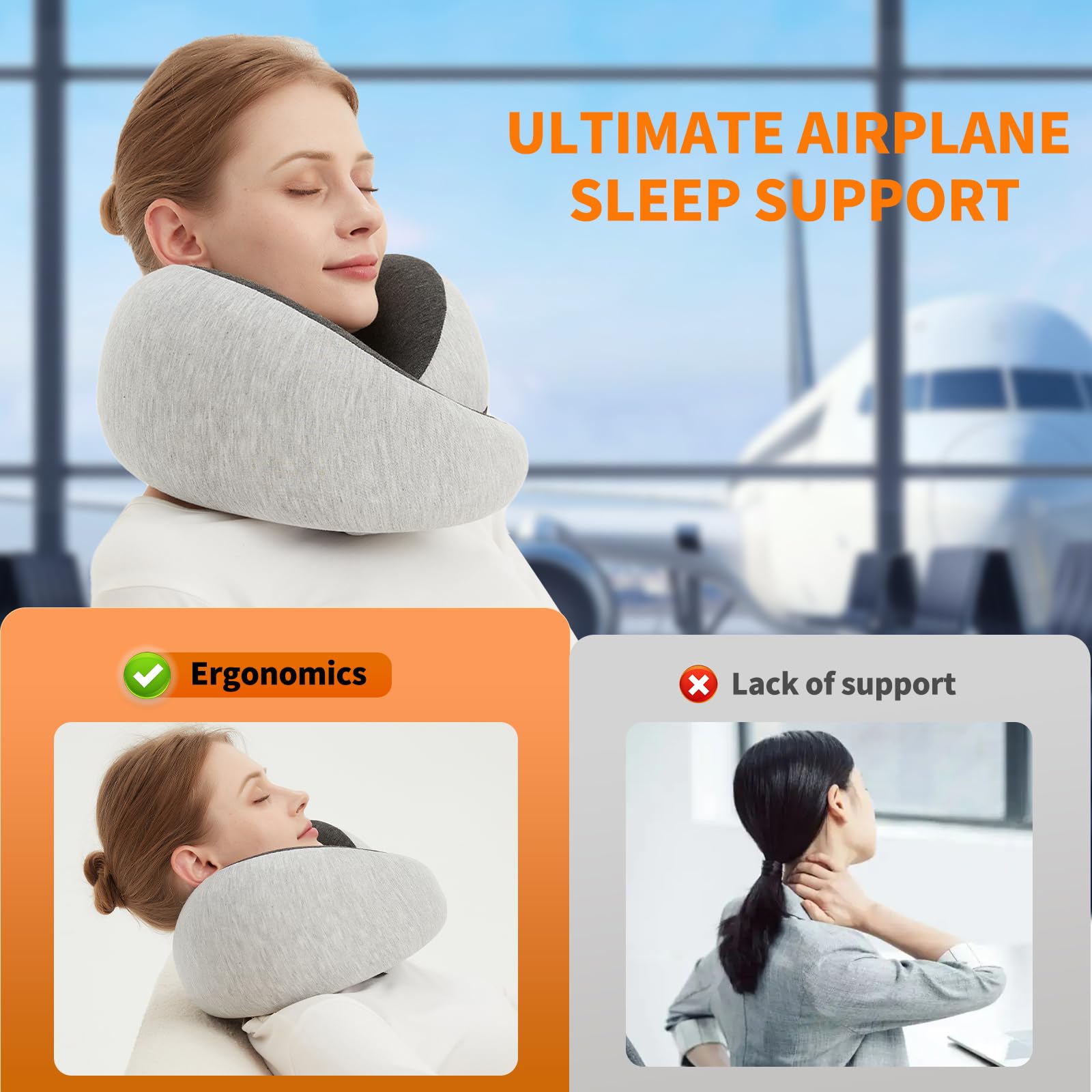Almohada de viaje para el cuello en avión, almohadas de viaje de espuma viscoelástica para mayor comodidad en el agarre del sueño, diseño compacto y ergonómico para viajes en automóvil, viajes 7